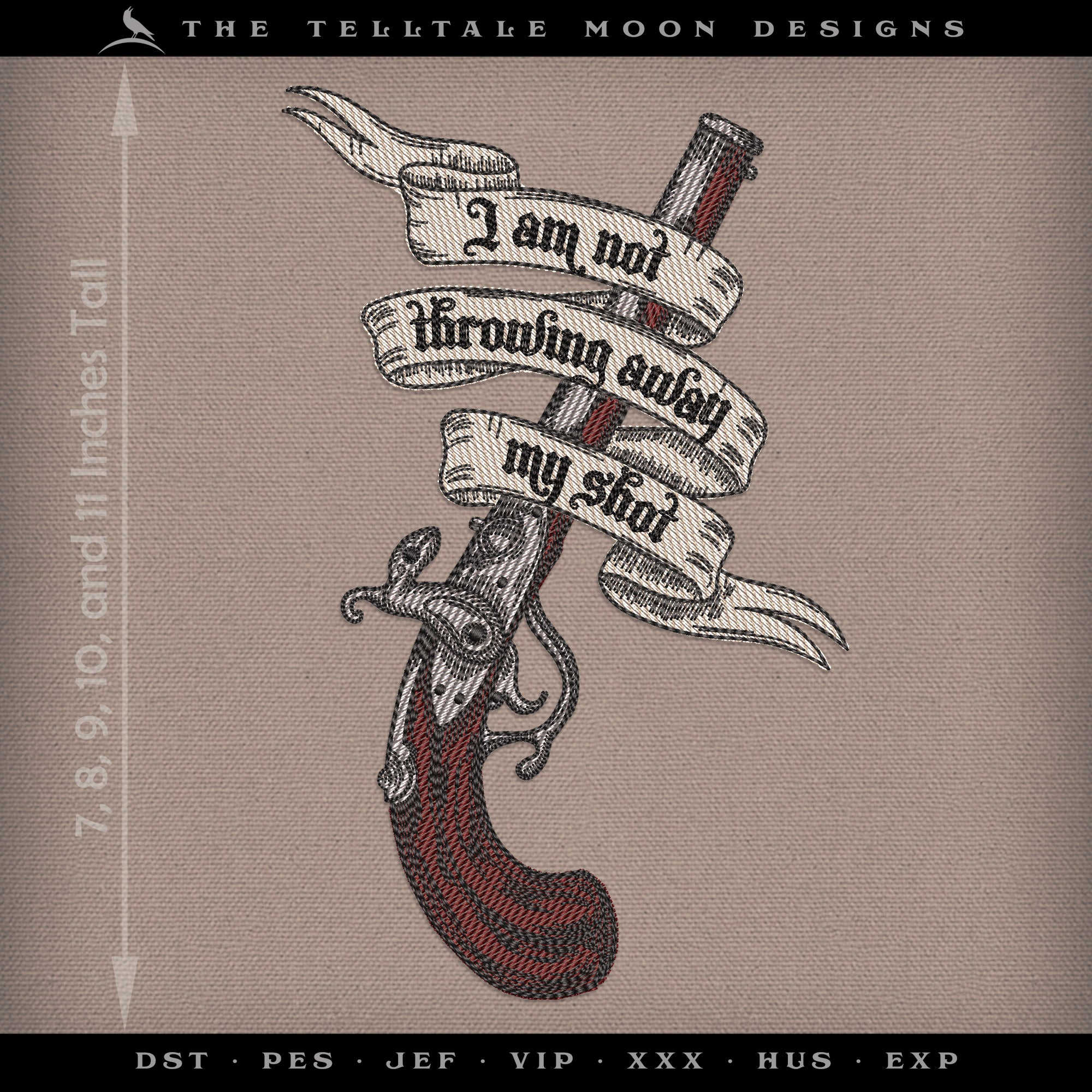 Embroidery: Hamilton-inspired Sketch with Revolutionary Gun - 7, 8, 9, 10, and 11 Inches Tall