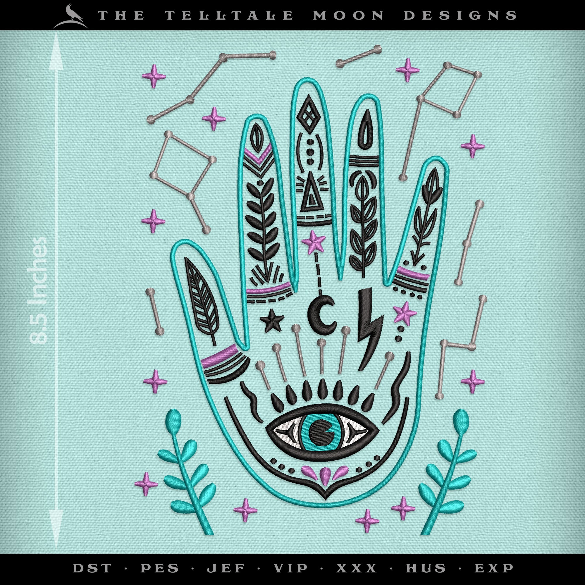 Embroidery: Folk Magic Palmistry Design (7 and 8.5 Inches Tall, in 5 Thread Colors)