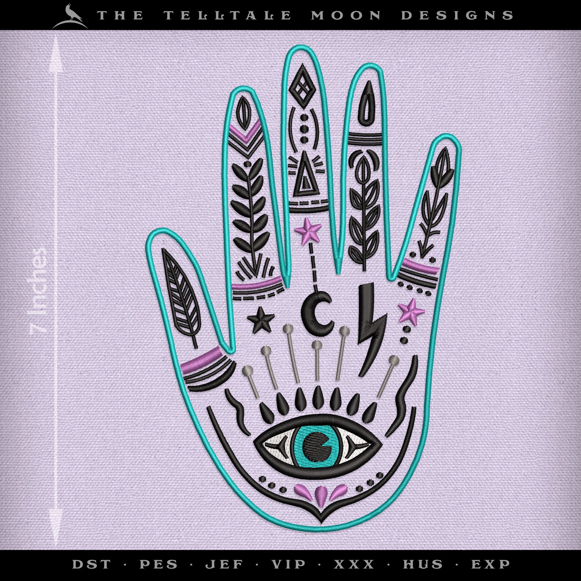 Embroidery: Folk Magic Palmistry Design (7 and 8.5 Inches Tall, in 5 Thread Colors)