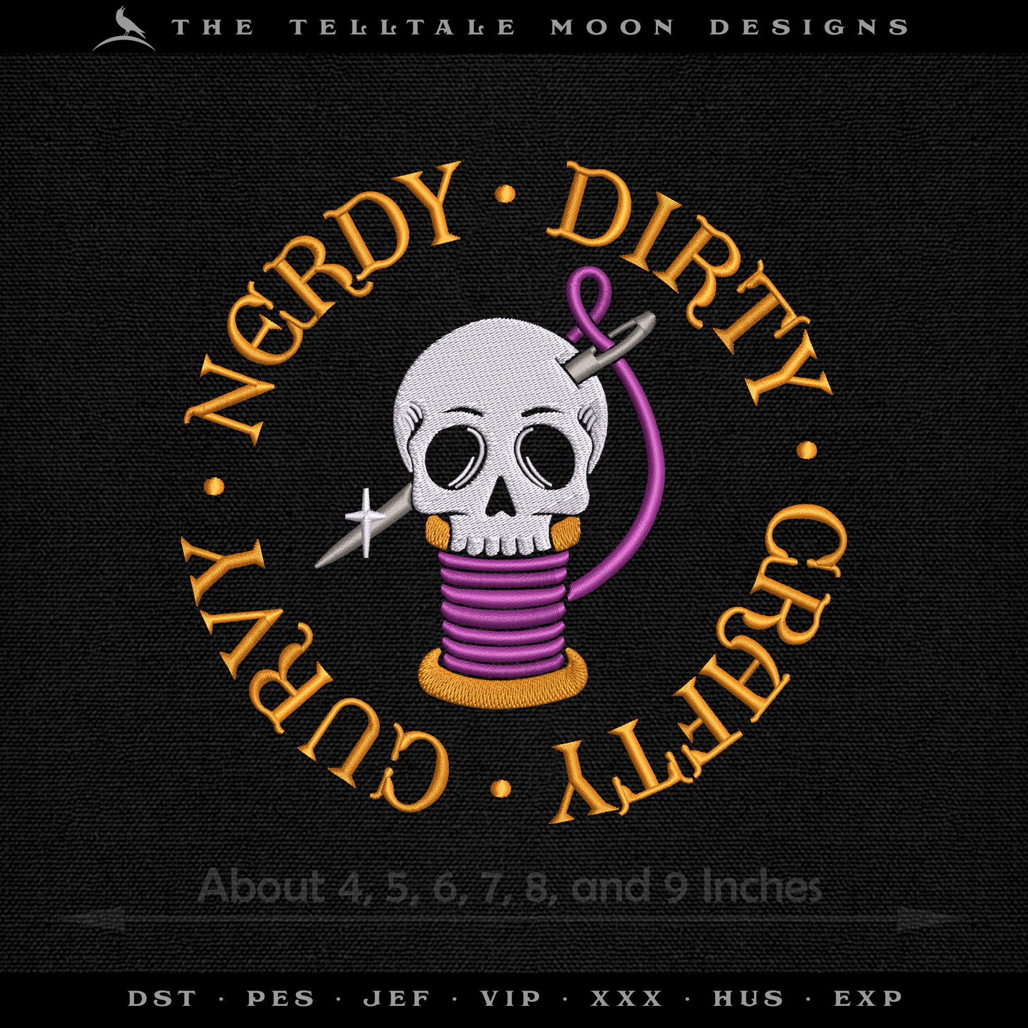Embroidery: "Nerdy Dirty Crafty Curvy" Thread Spool Design - 4, 5, 6, 7.75, and 9 Inches