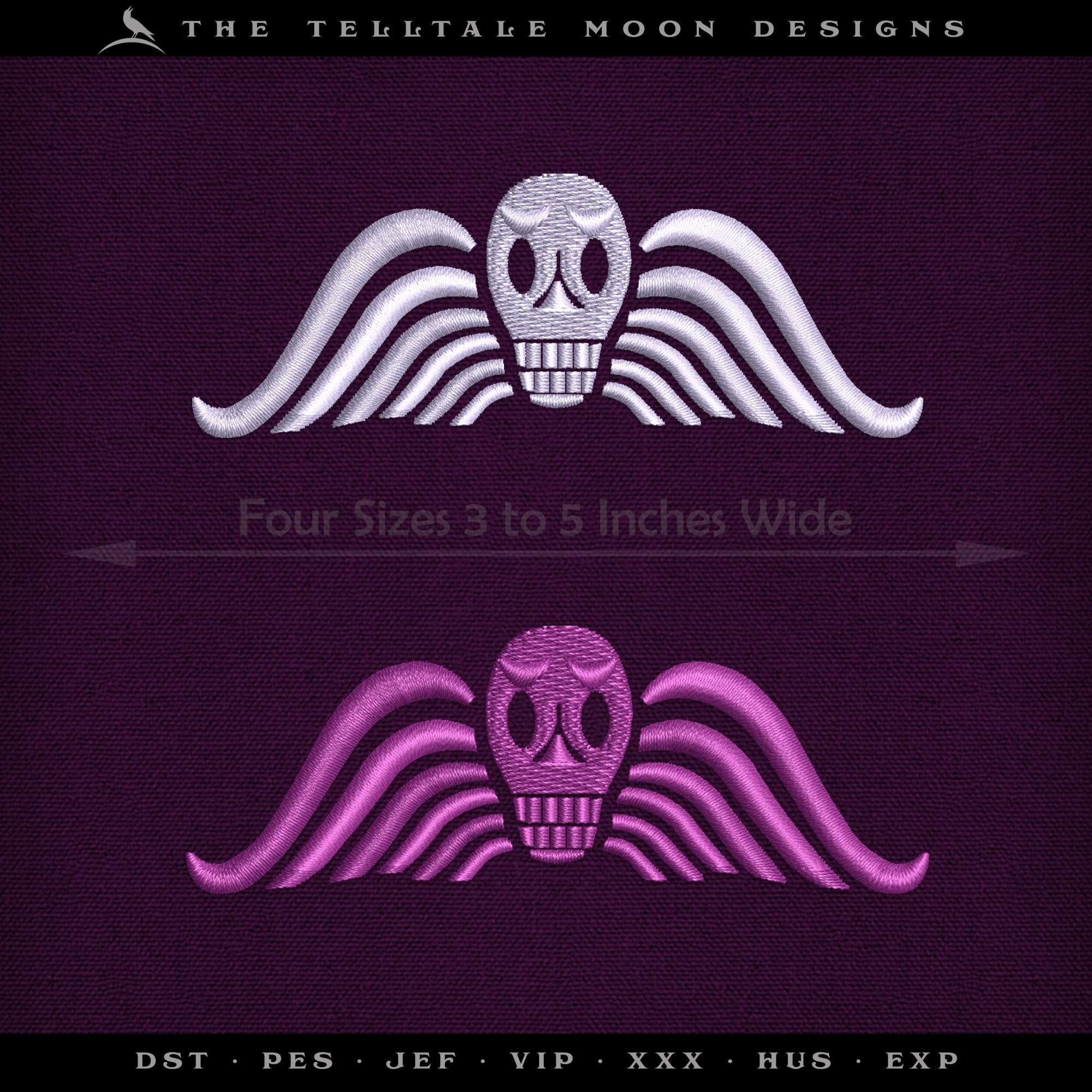 Embroidery Files: "Never Trust" Design Inspired by the Musical & Movie - Four Sizes Between 4 and 7 Inches Tall - Memento Mori Icon Included