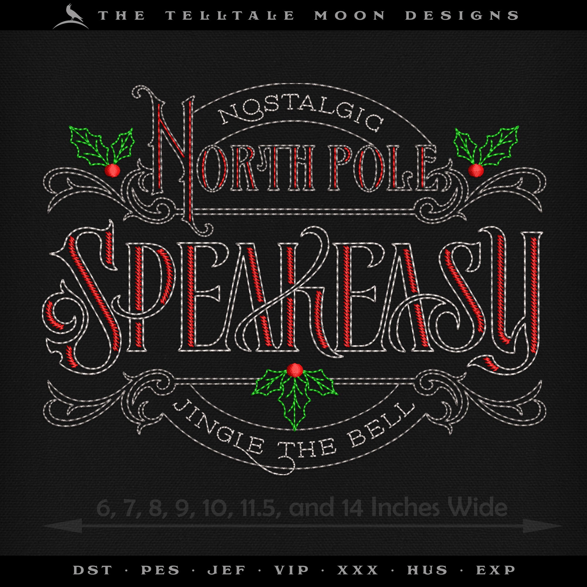 Embroidery: Run-stitch "Nostalgic North Pole Speakeasy" - Seven Sizes - Four Thread Colors