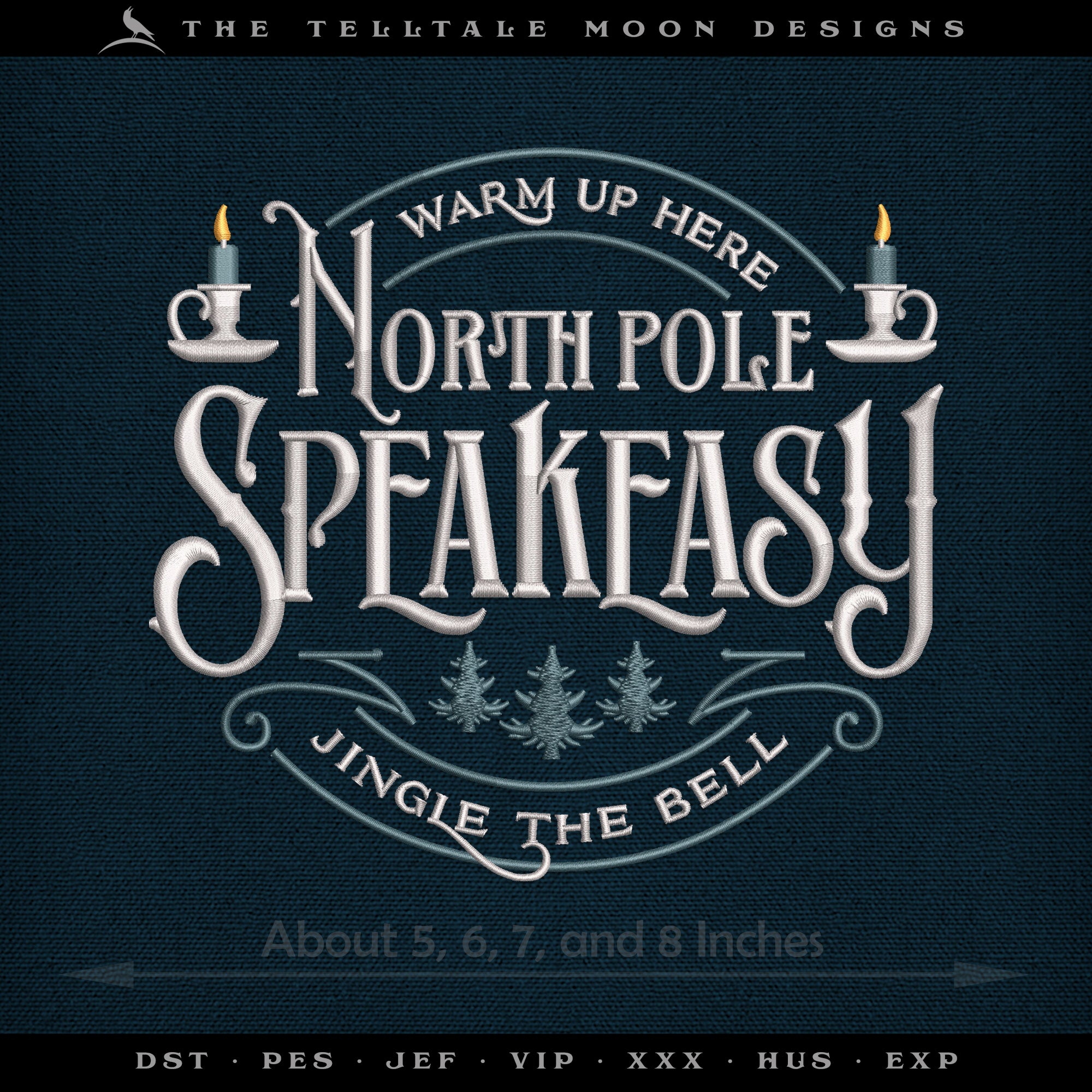 Embroidery: Nostalgic "North Pole Speakeasy" Vintage-look Design - Four Sizes Between 5.5 and 8.5 Inches Wide - Three Thread Colors
