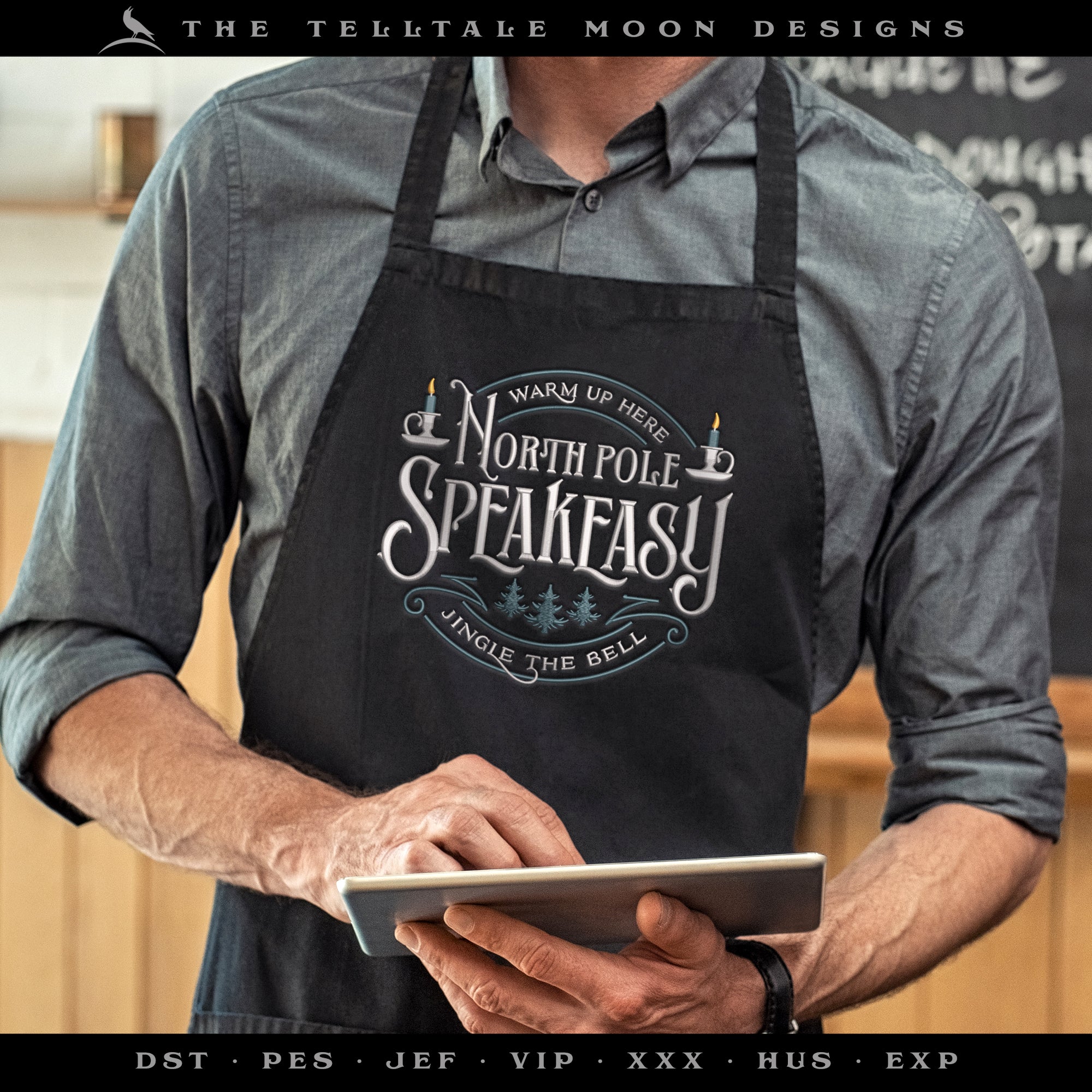 Embroidery: Nostalgic "North Pole Speakeasy" Vintage-look Design - Four Sizes Between 5.5 and 8.5 Inches Wide - Three Thread Colors