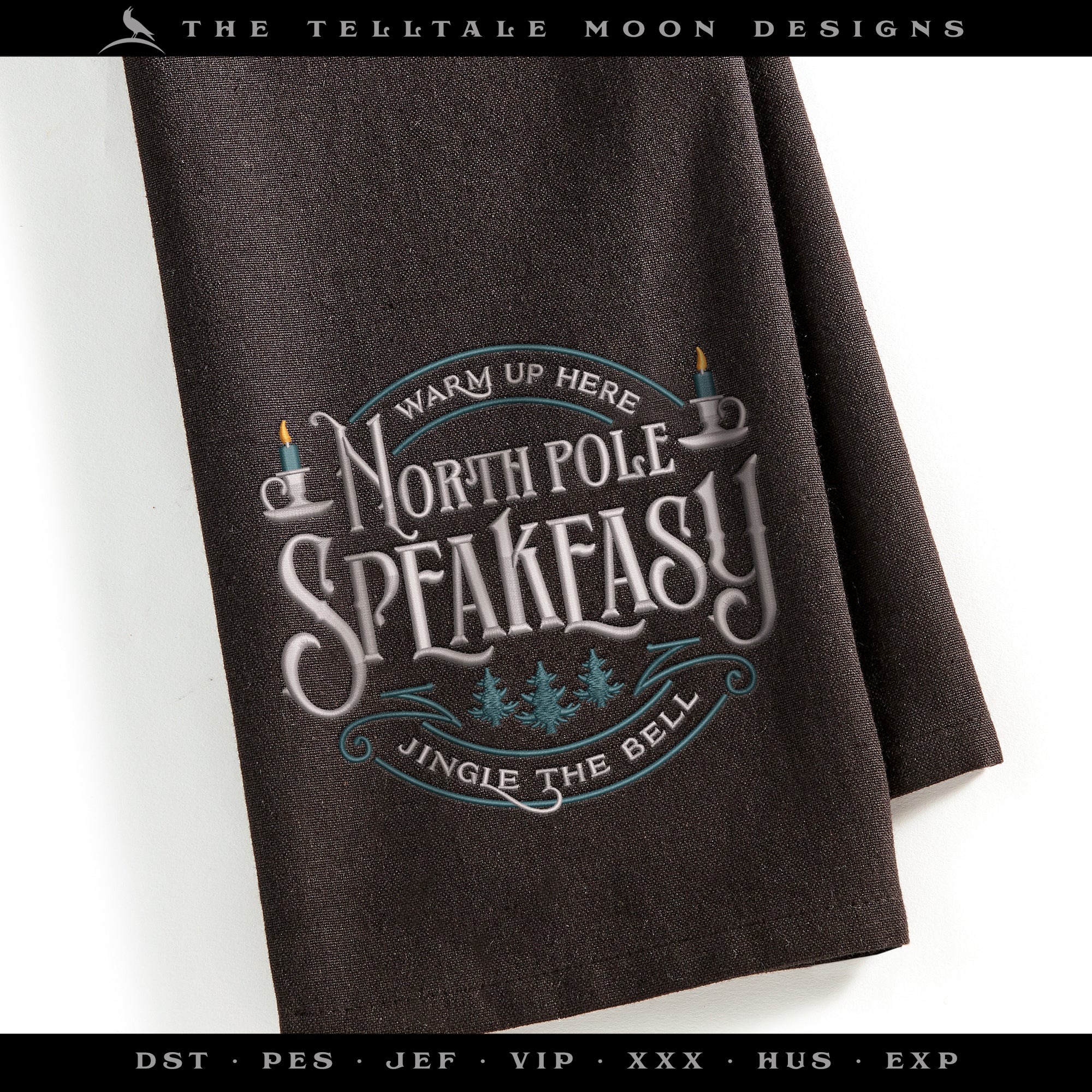 Embroidery: Nostalgic "North Pole Speakeasy" Vintage-look Design - Four Sizes Between 5.5 and 8.5 Inches Wide - Three Thread Colors