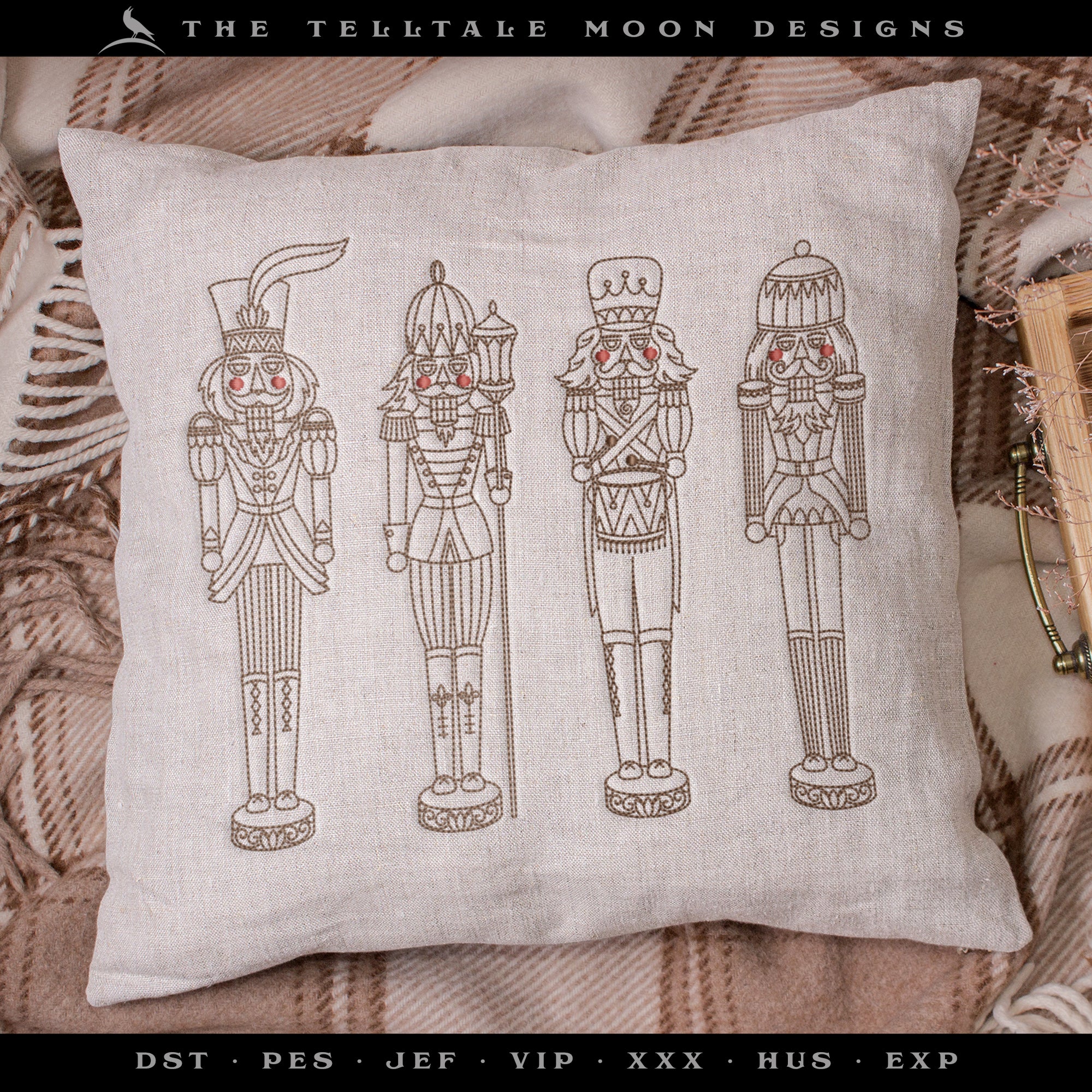 Embroidery Set: Drawings of Four Nutcrackers, PLUS Pennant and Tree Skirt Artwork for Classic Decorating - 6x6, 5x7, and Larger Hoops