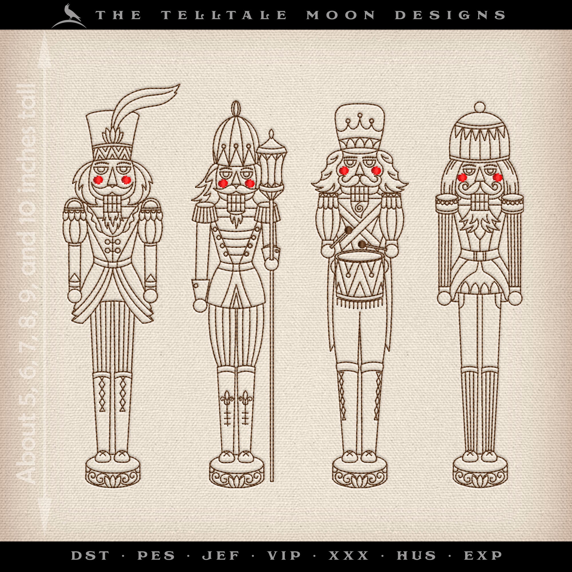 Embroidery Set: Drawings of Four Nutcrackers, PLUS Pennant and Tree Skirt Artwork for Classic Decorating - 6x6, 5x7, and Larger Hoops