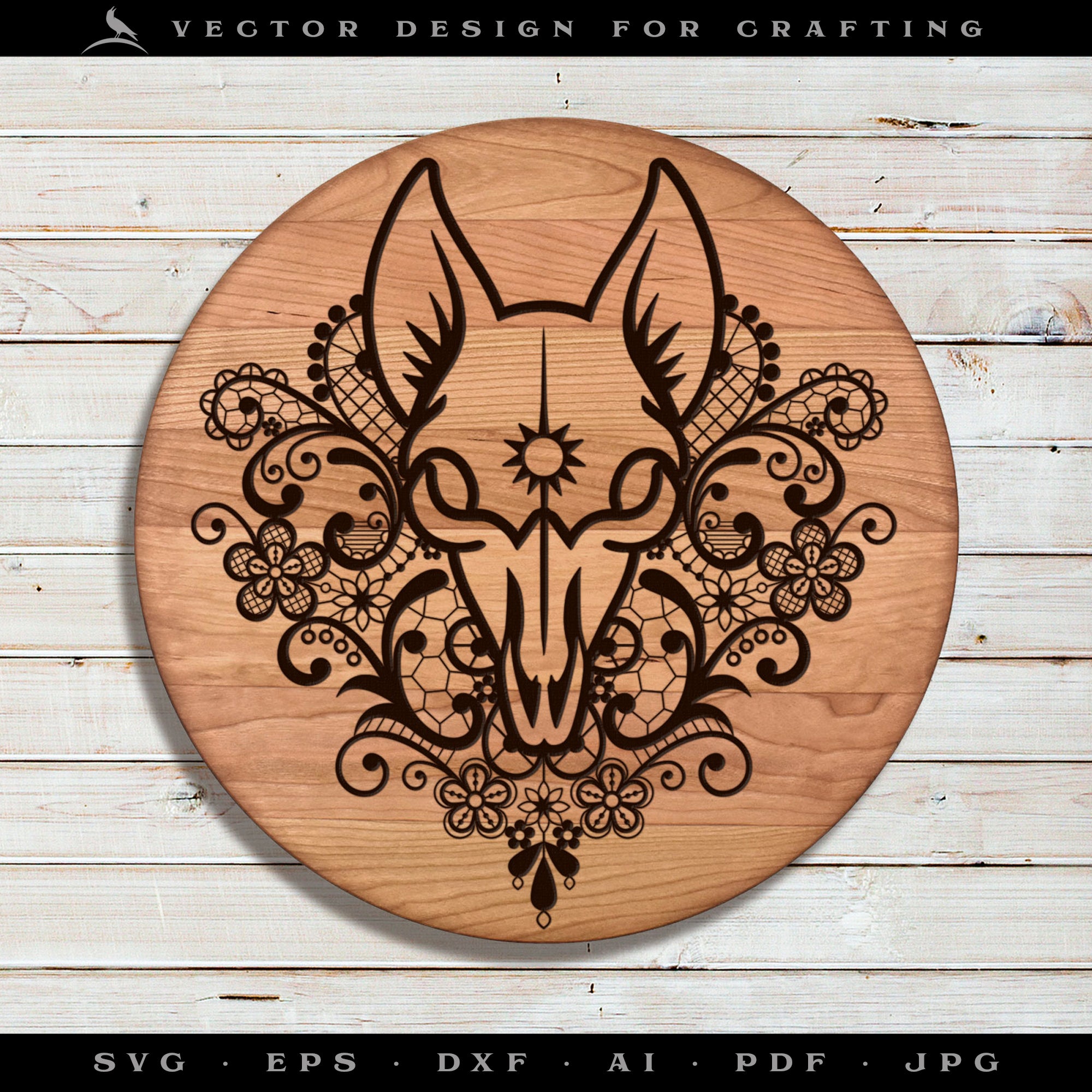 Pagan Fox Skull with Victorian Lace – Five Sizes 7 to 12 Inches – Gothic Embroidery