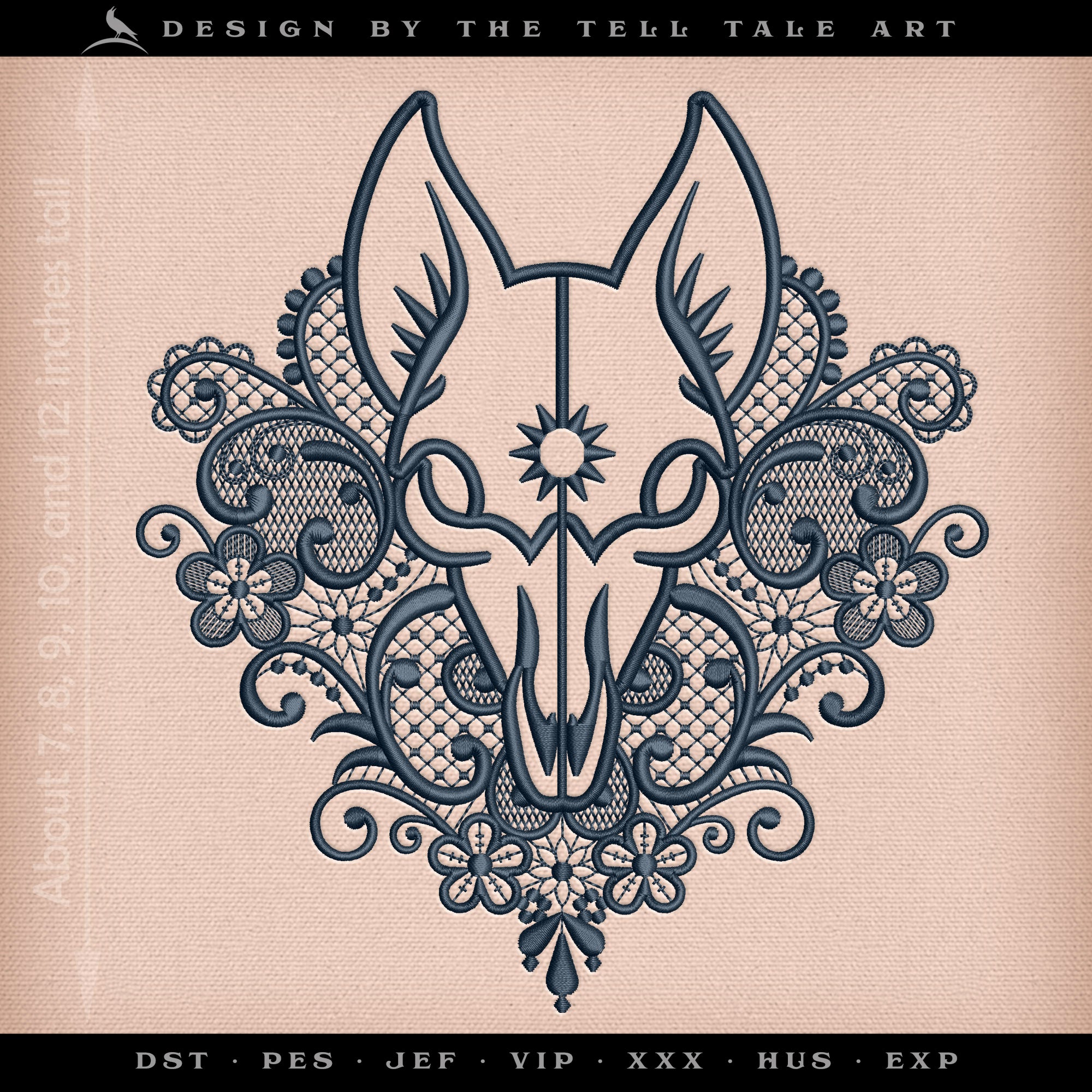 Pagan Fox Skull with Victorian Lace – Five Sizes 7 to 12 Inches – Gothic Embroidery