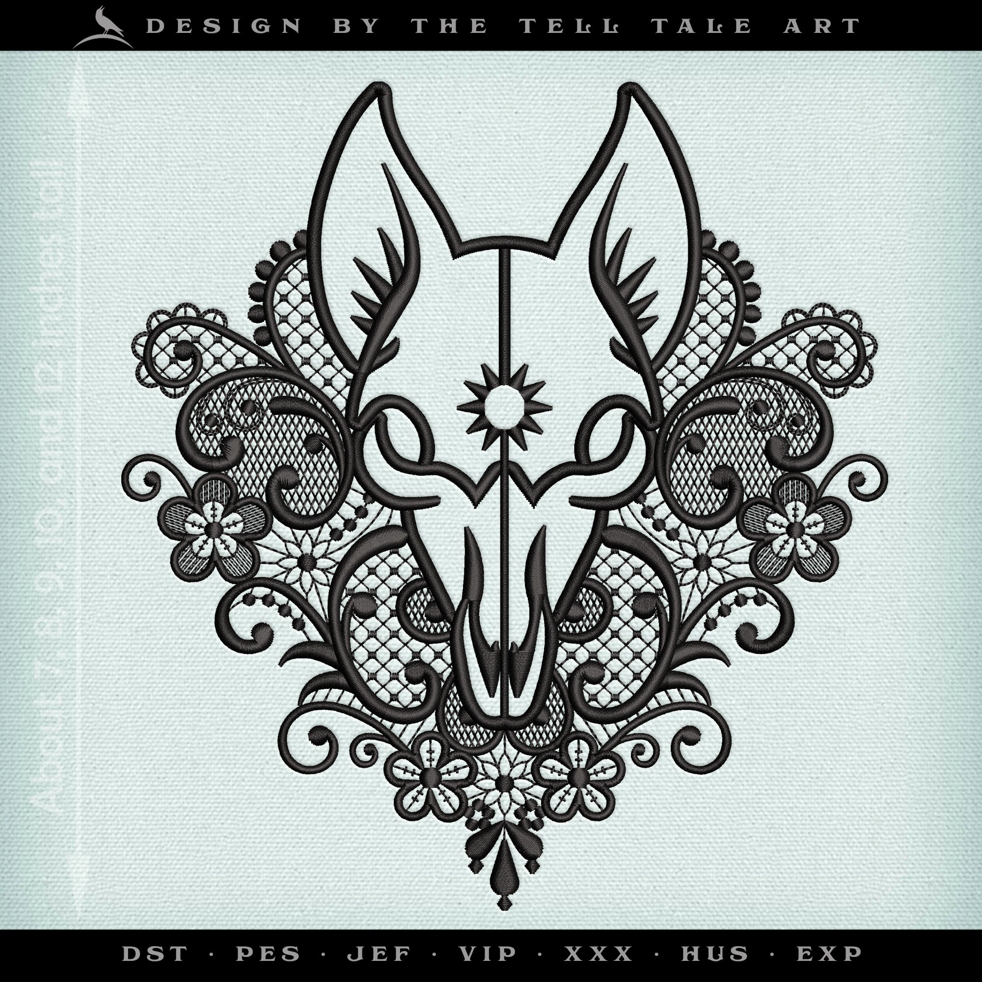 Pagan Fox Skull with Victorian Lace – Five Sizes 7 to 12 Inches – Gothic Embroidery