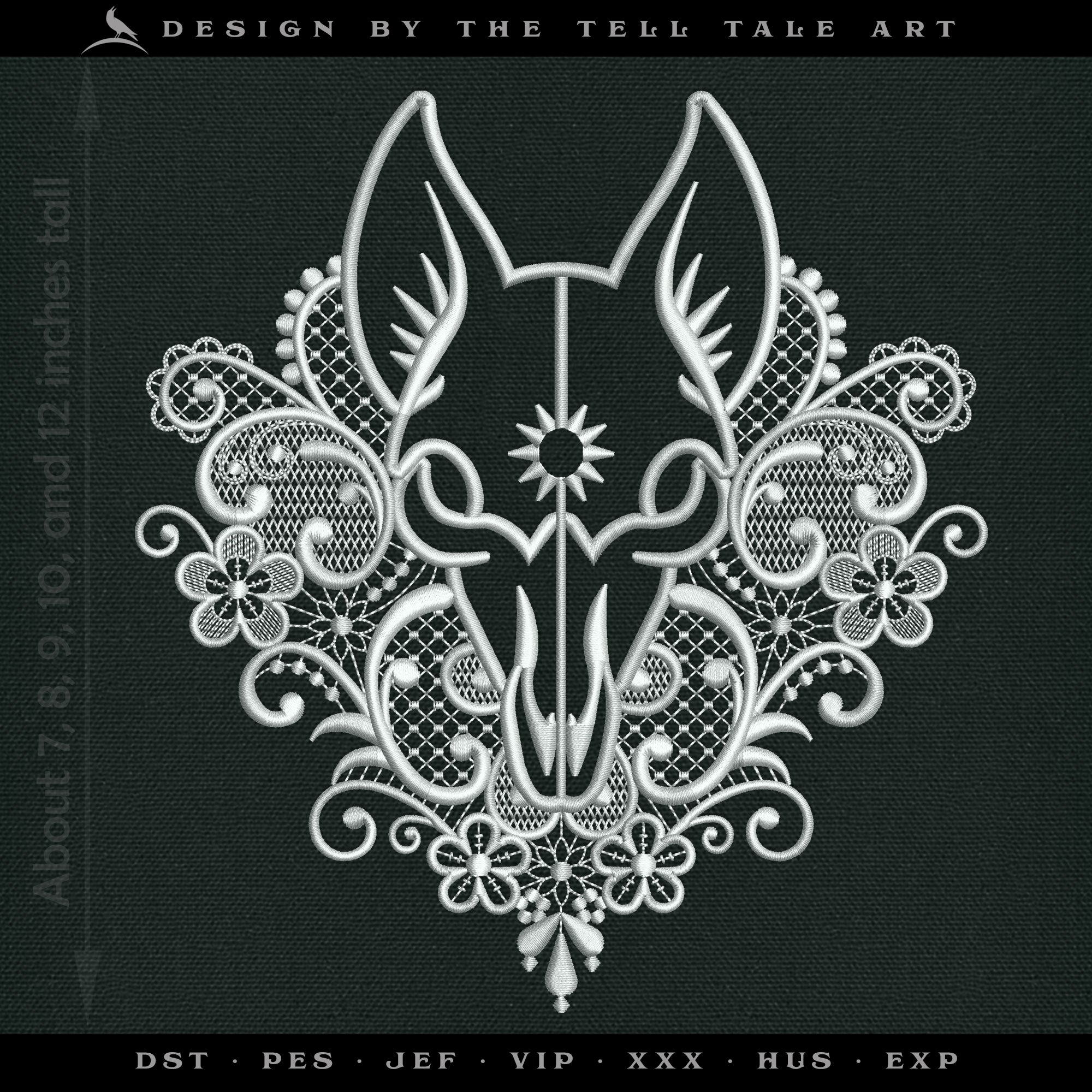 Pagan Fox Skull with Victorian Lace – Five Sizes 7 to 12 Inches – Gothic Embroidery