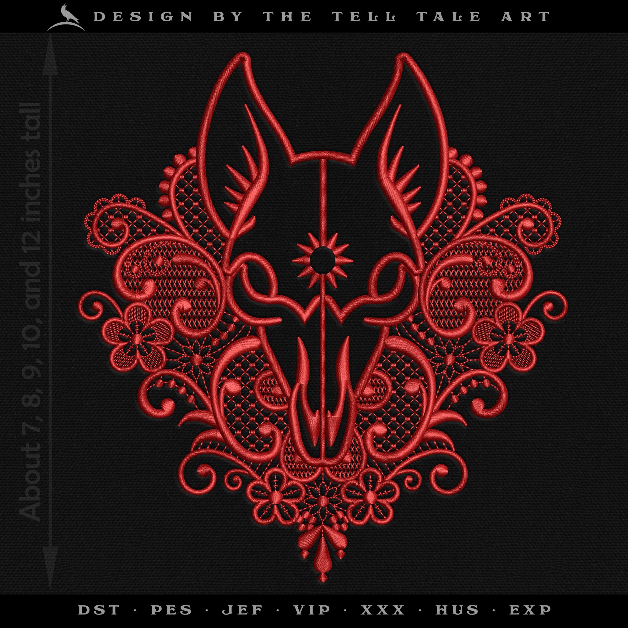 Pagan Fox Skull with Victorian Lace – Five Sizes 7 to 12 Inches – Gothic Embroidery