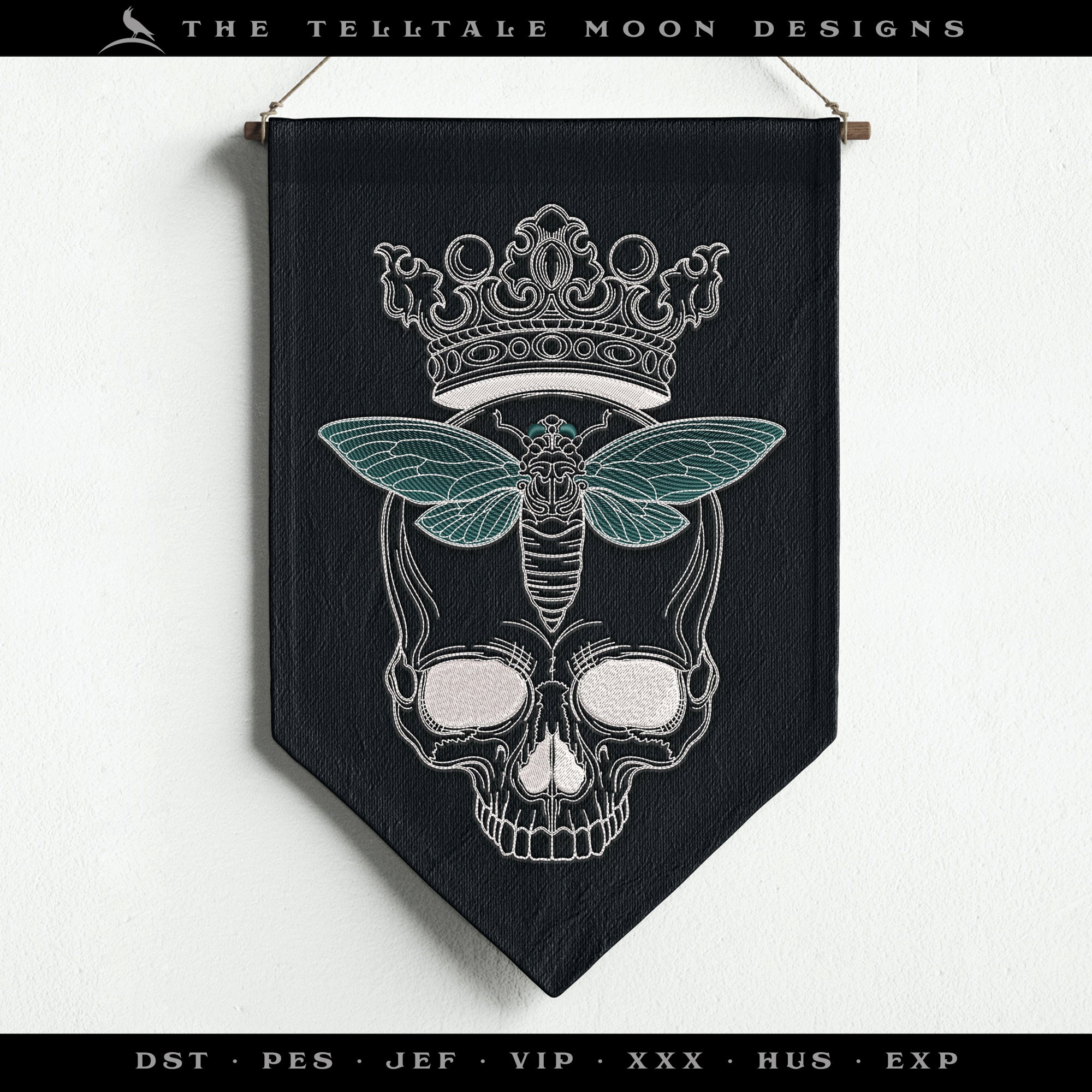 Embroidery: Crowned Skull with Cicada - Six Sizes 5 to 10 Inches Tall