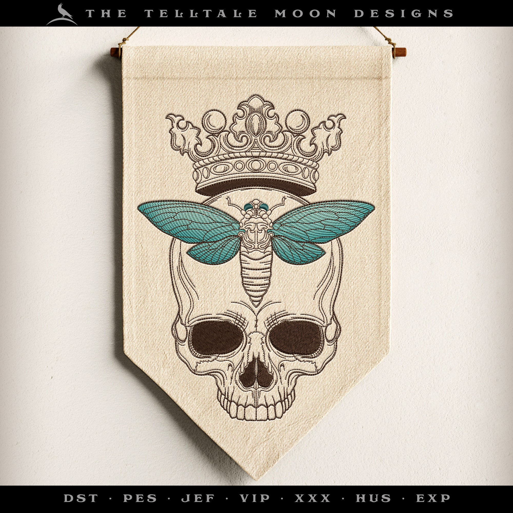 Embroidery: Crowned Skull with Cicada - Six Sizes 5 to 10 Inches Tall