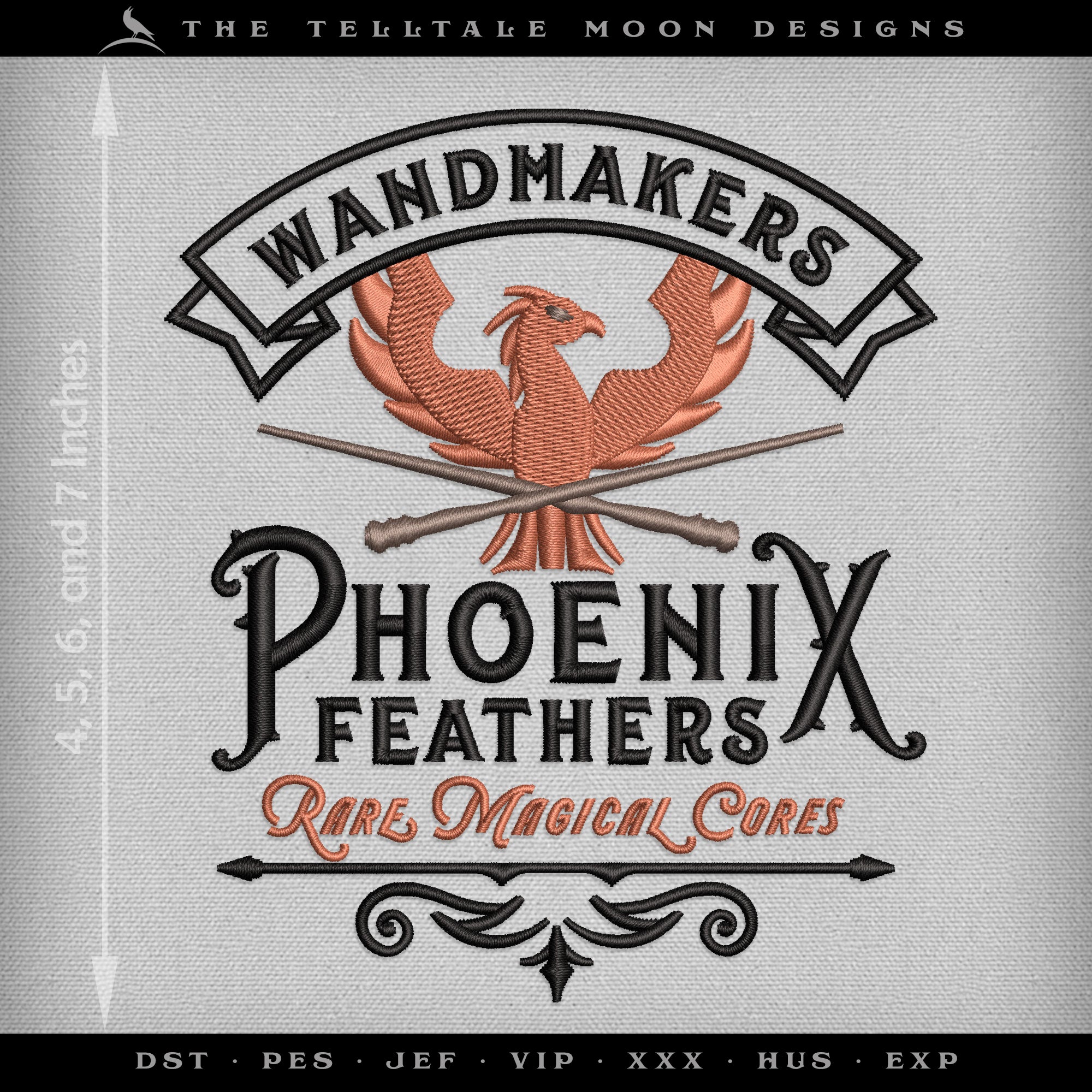 Embroidery: "Phoenix Feathers" Wizard Wandmaker Logo (4, 5, 6, 7, 8, 9, and 10 Inches)