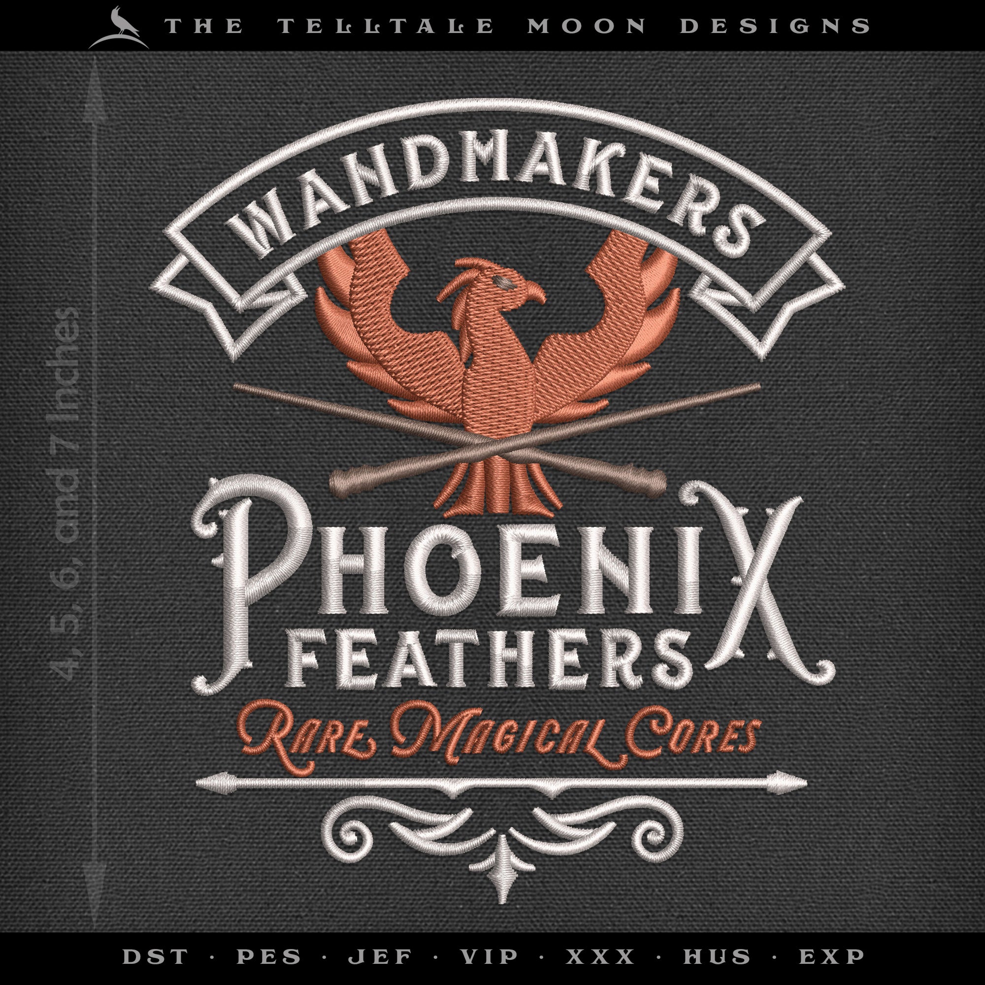 Embroidery: "Phoenix Feathers" Wizard Wandmaker Logo (4, 5, 6, 7, 8, 9, and 10 Inches)