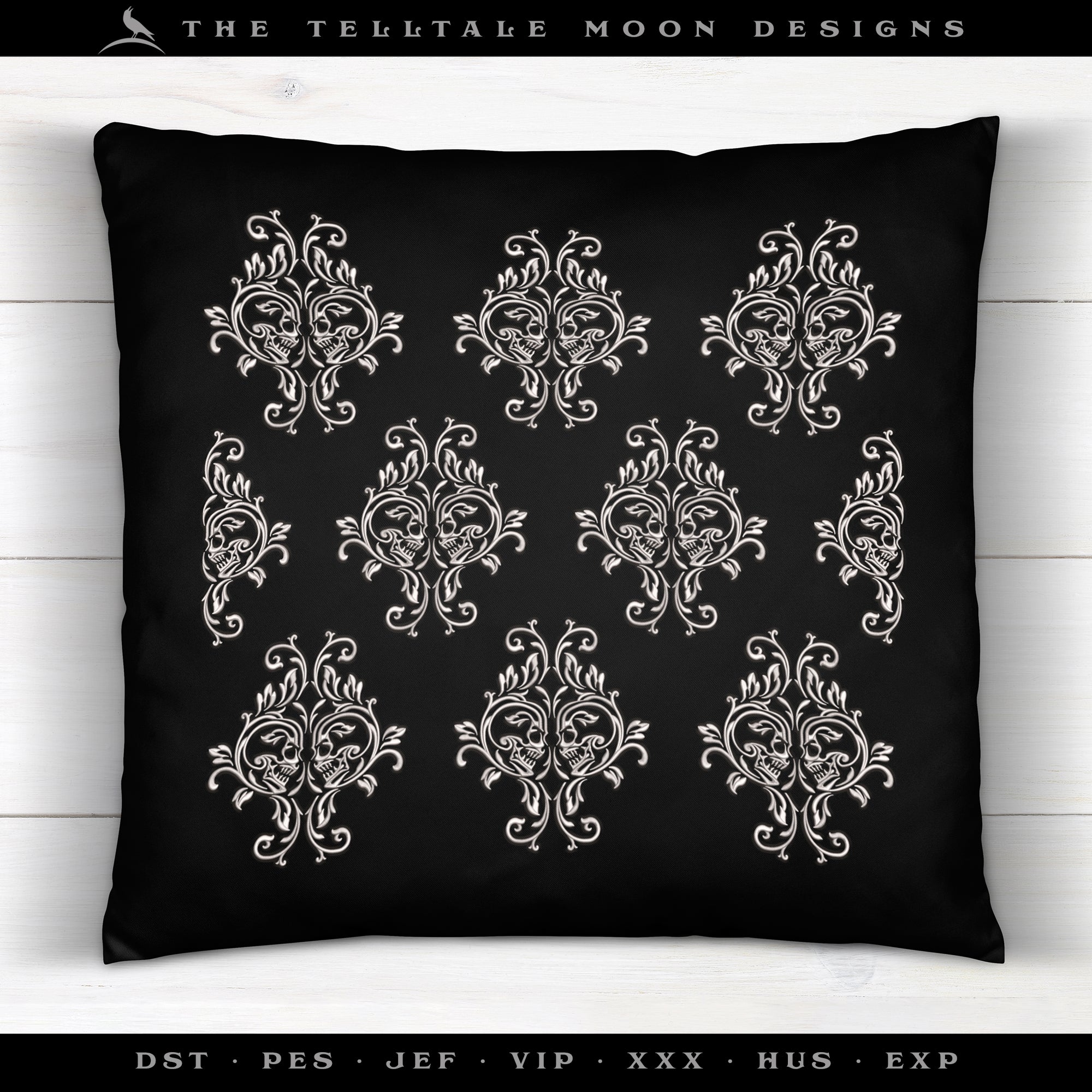 Embroidery: SET of Gothic Skull Damask Designs - Includes Double, Single, and Skull in Four Sizes