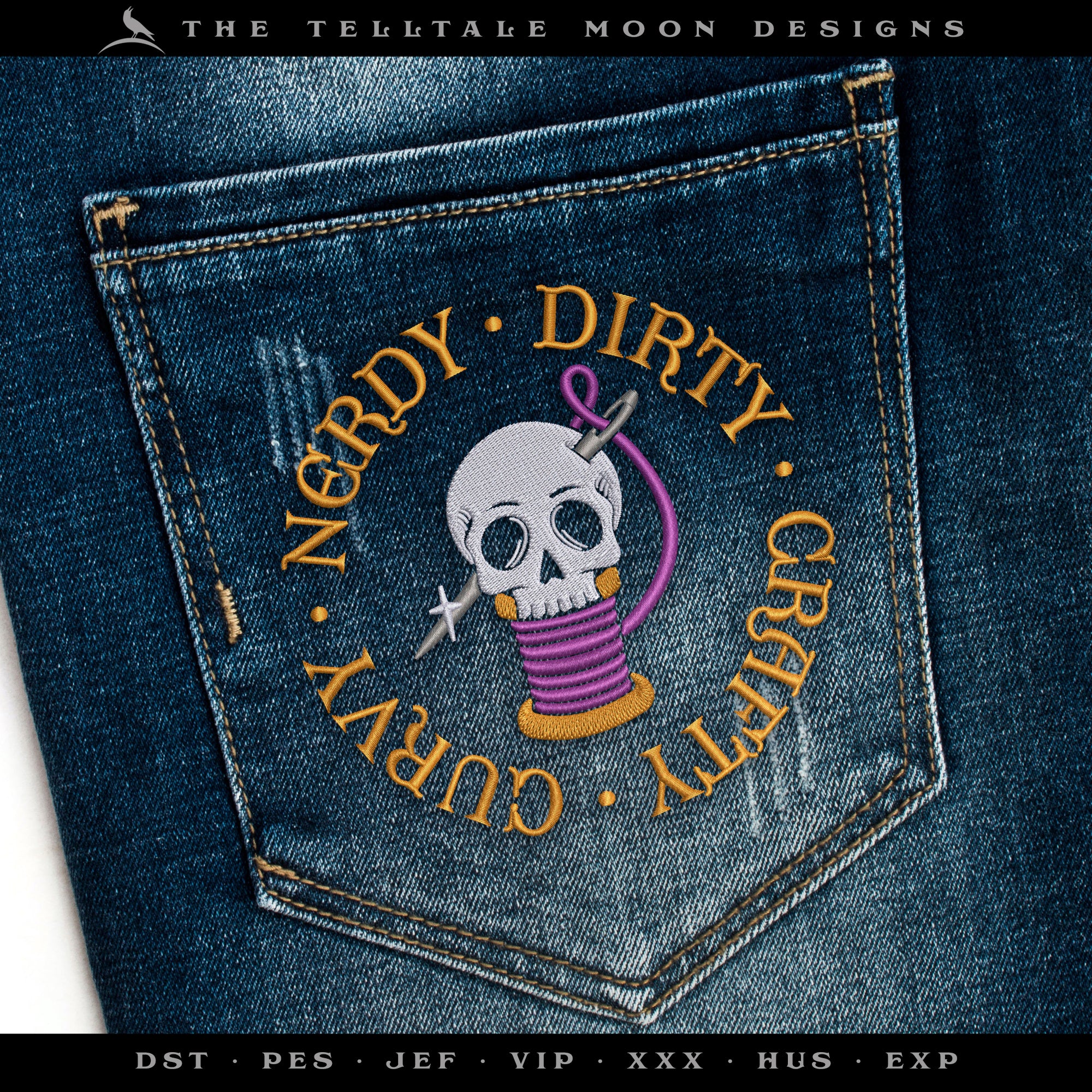 Embroidery: "Nerdy Dirty Crafty Curvy" Thread Spool Design - 4, 5, 6, 7.75, and 9 Inches