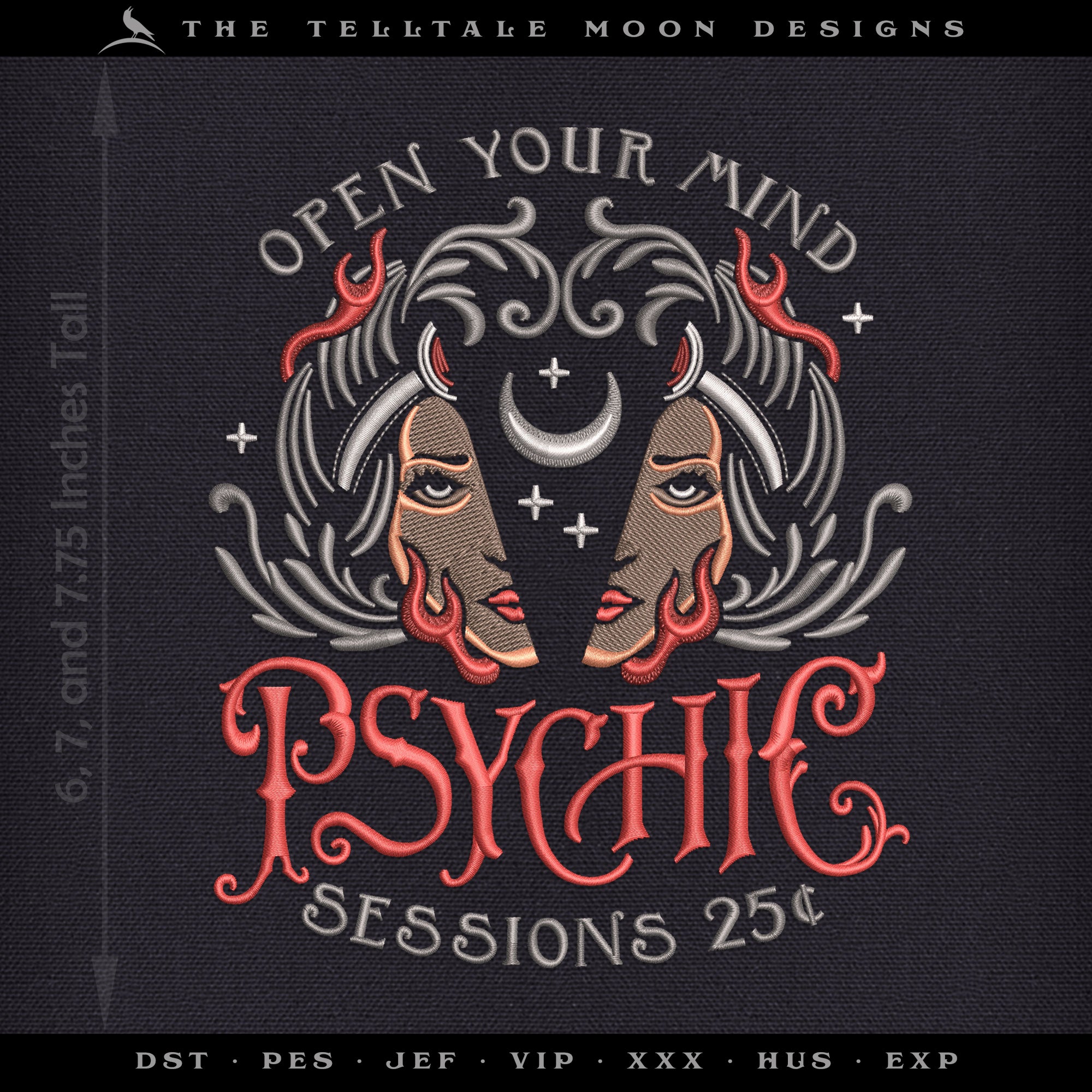 Embroidery: "Psychic Sessions" Dark Vintage Design - Three Sizes at 6, 7, and 7.75 Inches Tall