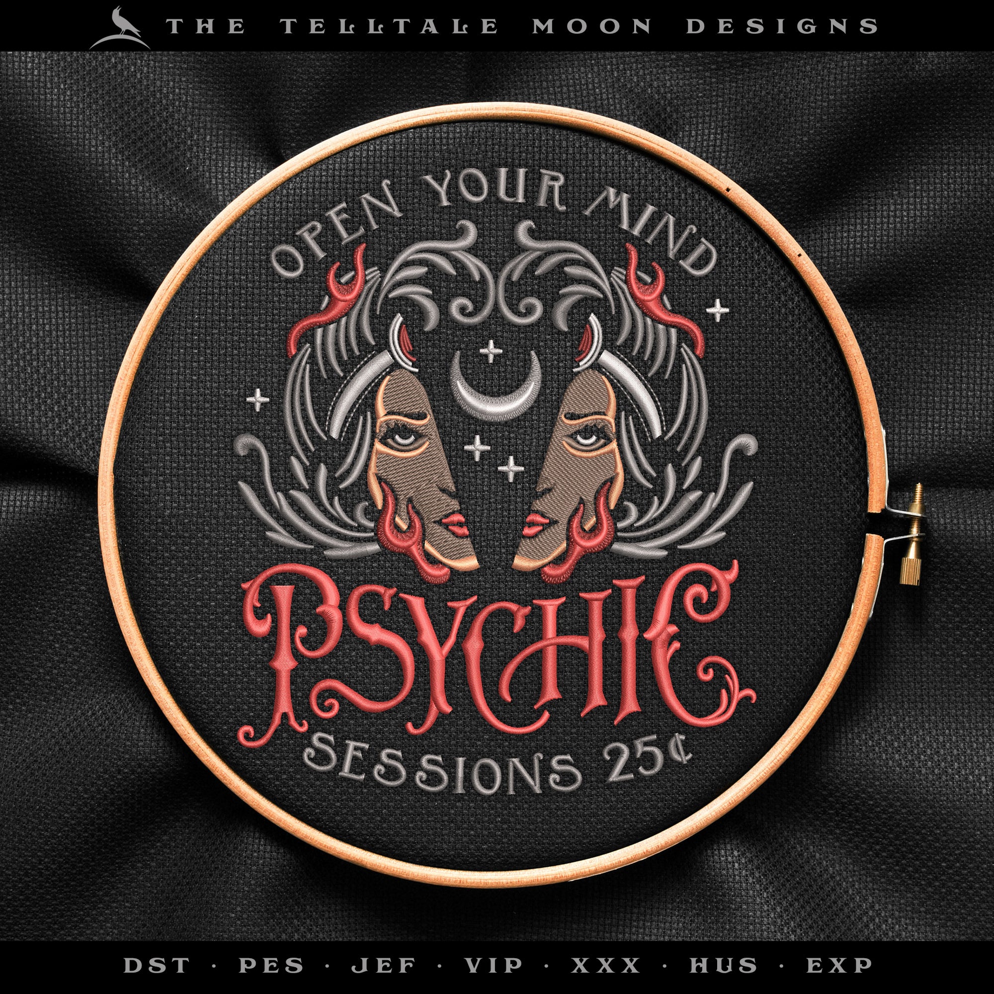 Embroidery: "Psychic Sessions" Dark Vintage Design - Three Sizes at 6, 7, and 7.75 Inches Tall