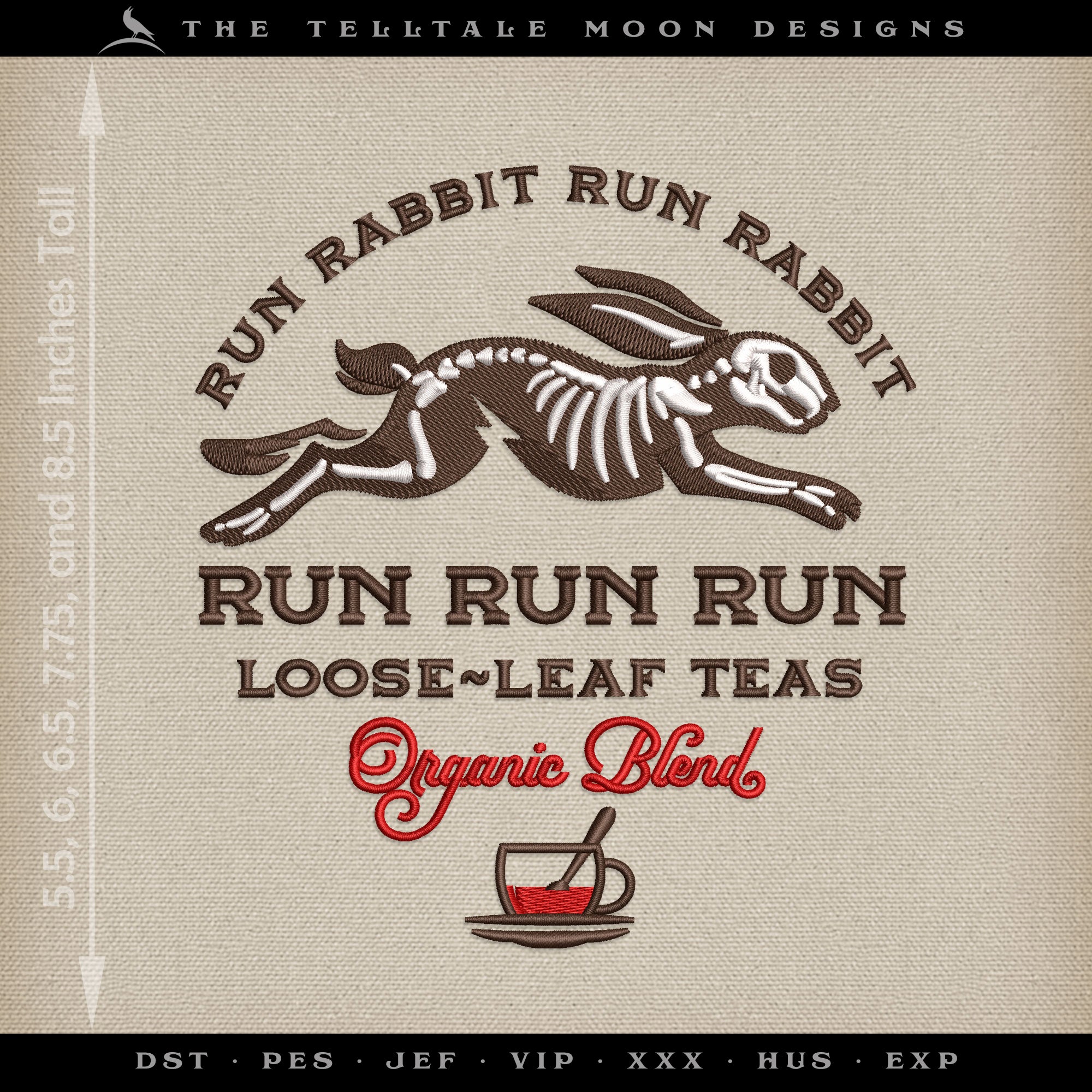 Embroidery Files: "Run Rabbit Run Teas" - Five Sizes Between 5.5 and 8.5 Inches - Three Thread Colors