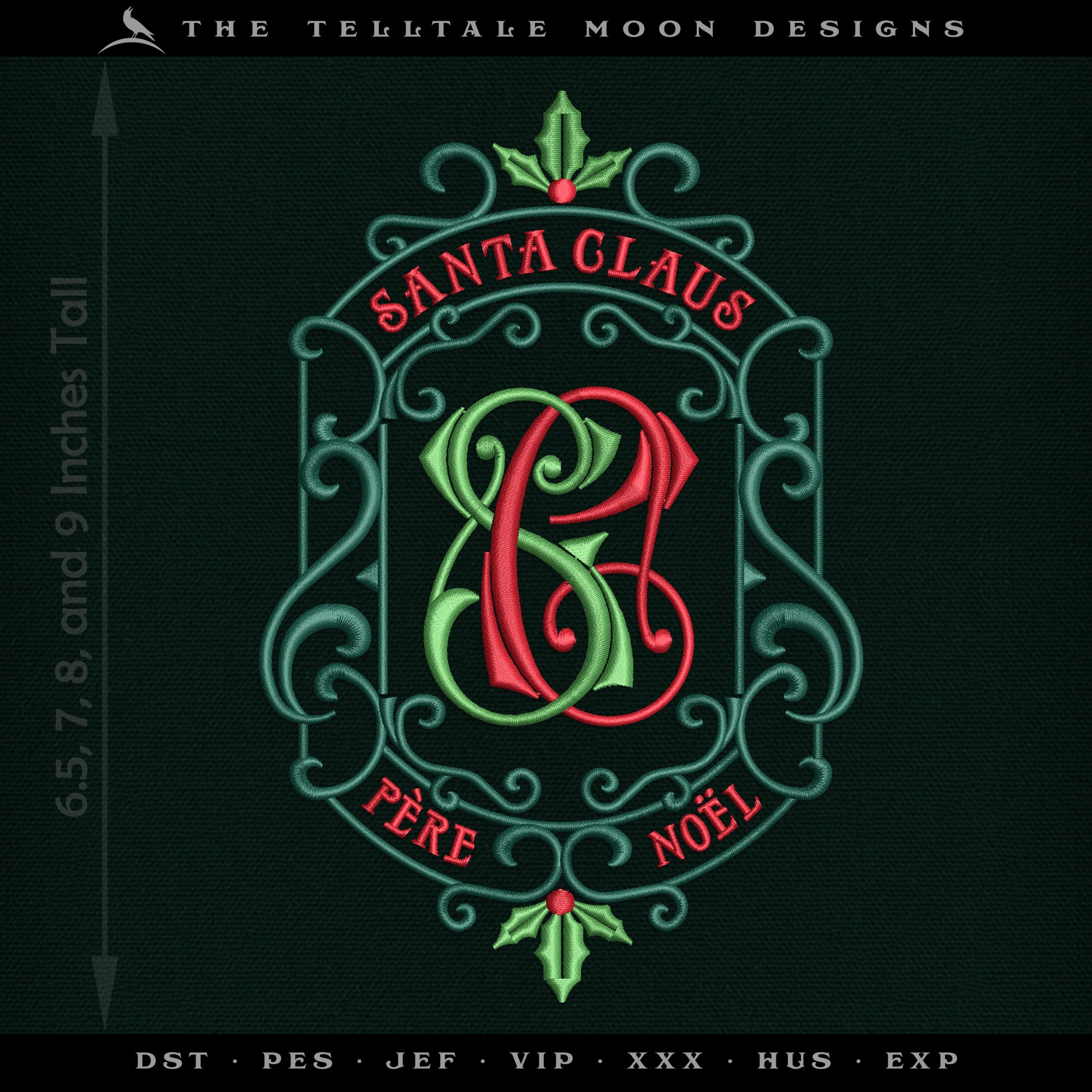 Embroidery: Vintage Santa Claus Monogram - Four Sizes 6.5 to 9 Inches Tall