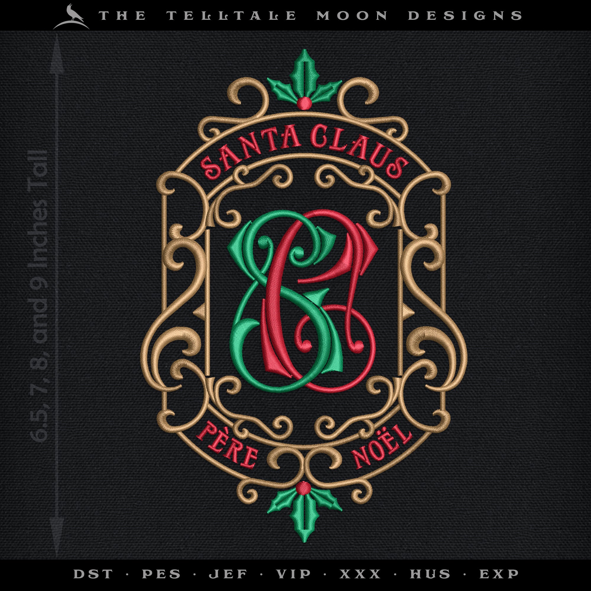 Embroidery: Vintage Santa Claus Monogram - Four Sizes 6.5 to 9 Inches Tall