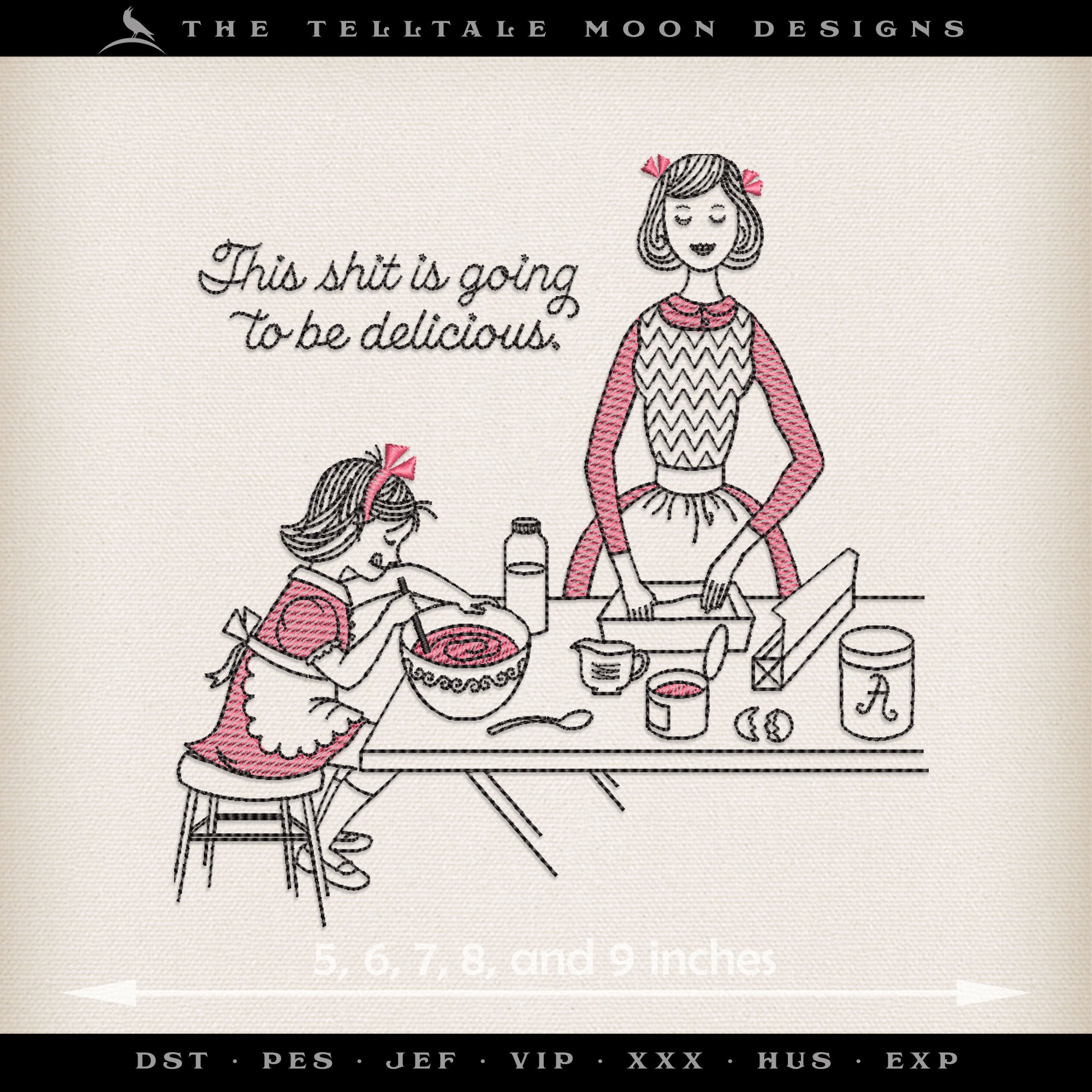 Embroidery: Doodle-style Retro Housewife Humor - Five Sizes Between 5 and 9 Inches Tall