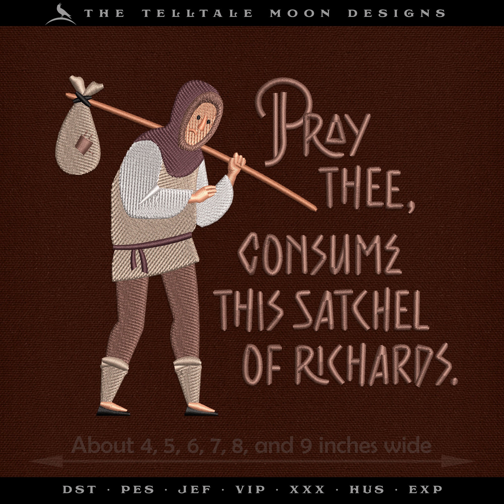 Embroidery: Medieval Humor "Satchel of Richards" - Six Sizes About 4 to 9 Inches Wide