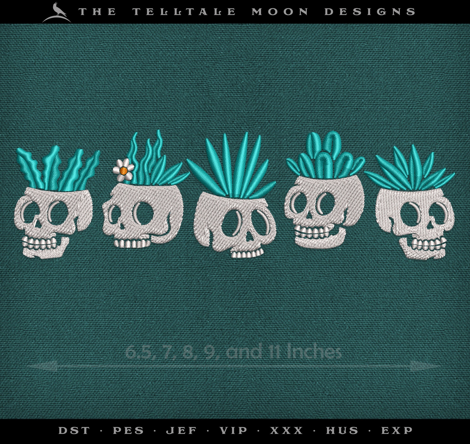 Embroidery: "Say Aloe" Skull Planter Design - 6, 7, 8, 9, 10, and 11.5 Inches Wide - Up to Three Thread Colors
