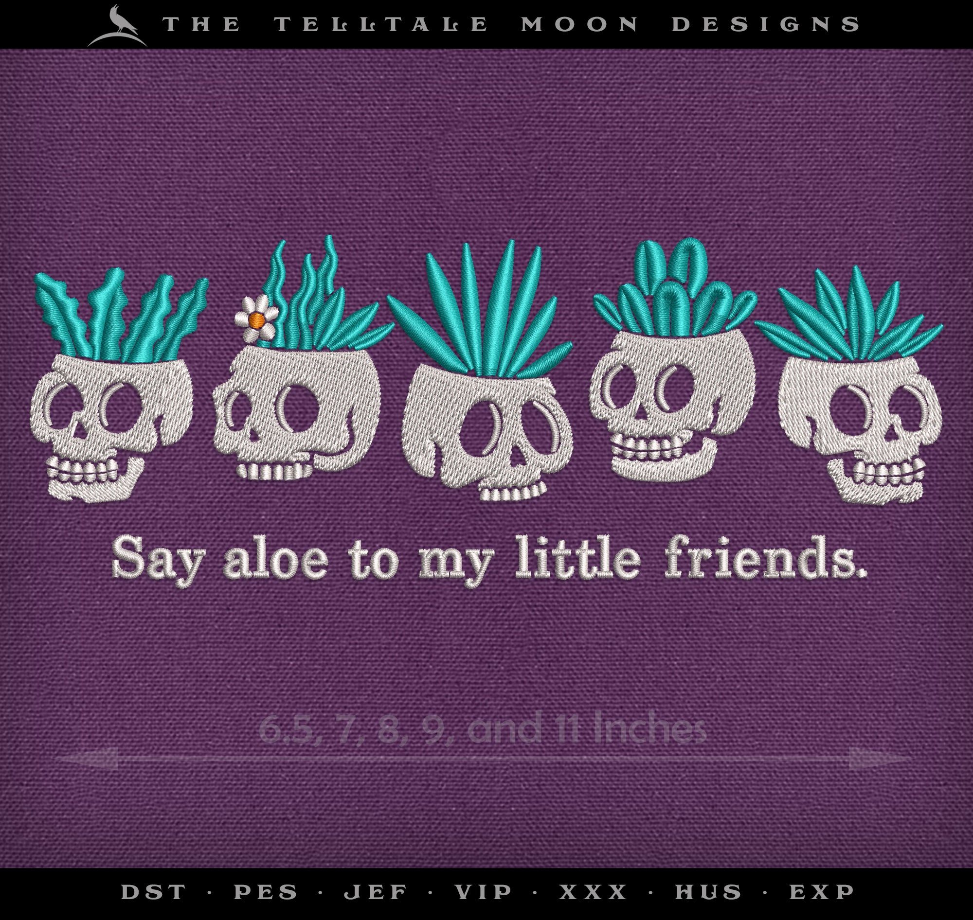 Embroidery: "Say Aloe" Skull Planter Design - 6, 7, 8, 9, 10, and 11.5 Inches Wide - Up to Three Thread Colors