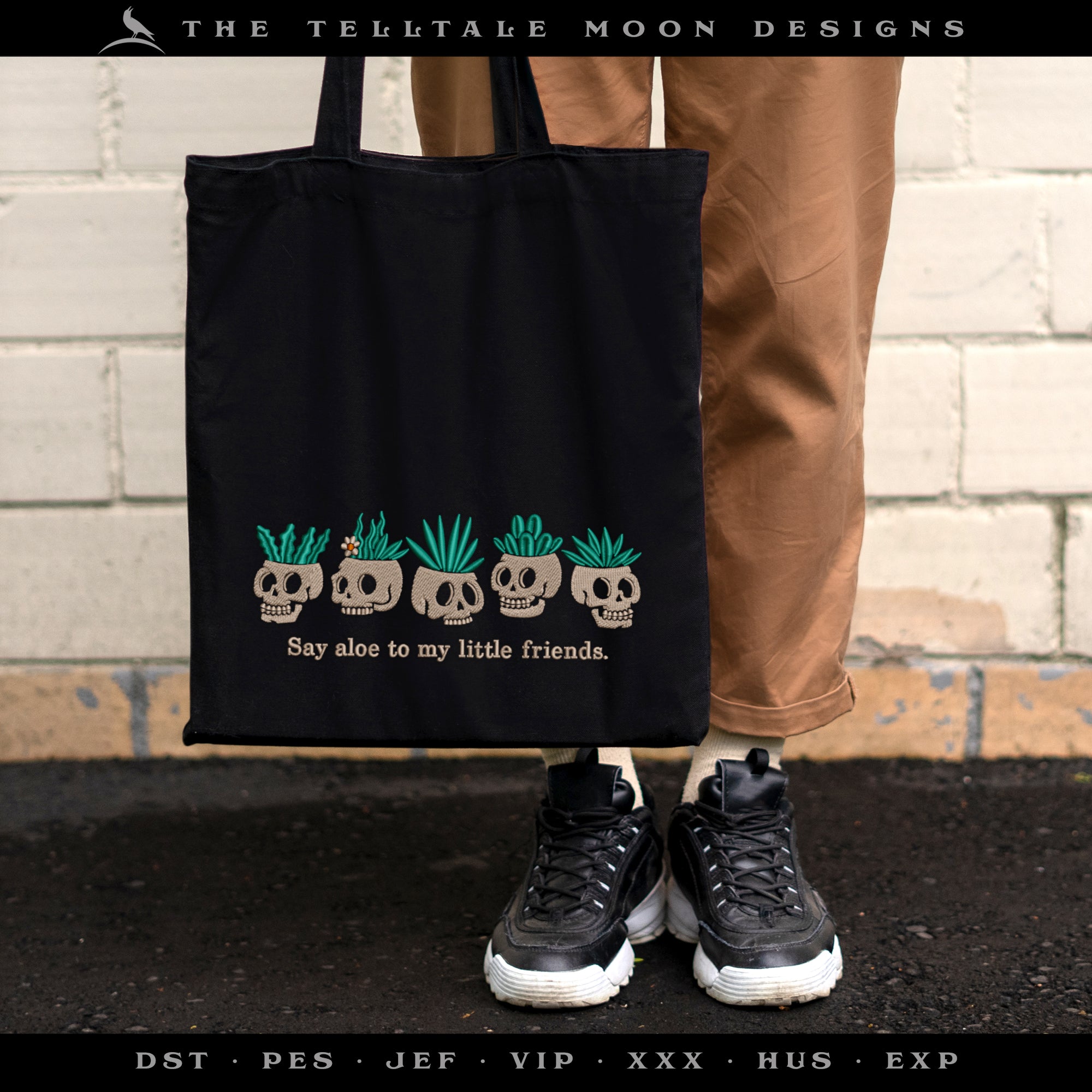 Embroidery: "Say Aloe" Skull Planter Design - 6, 7, 8, 9, 10, and 11.5 Inches Wide - Up to Three Thread Colors