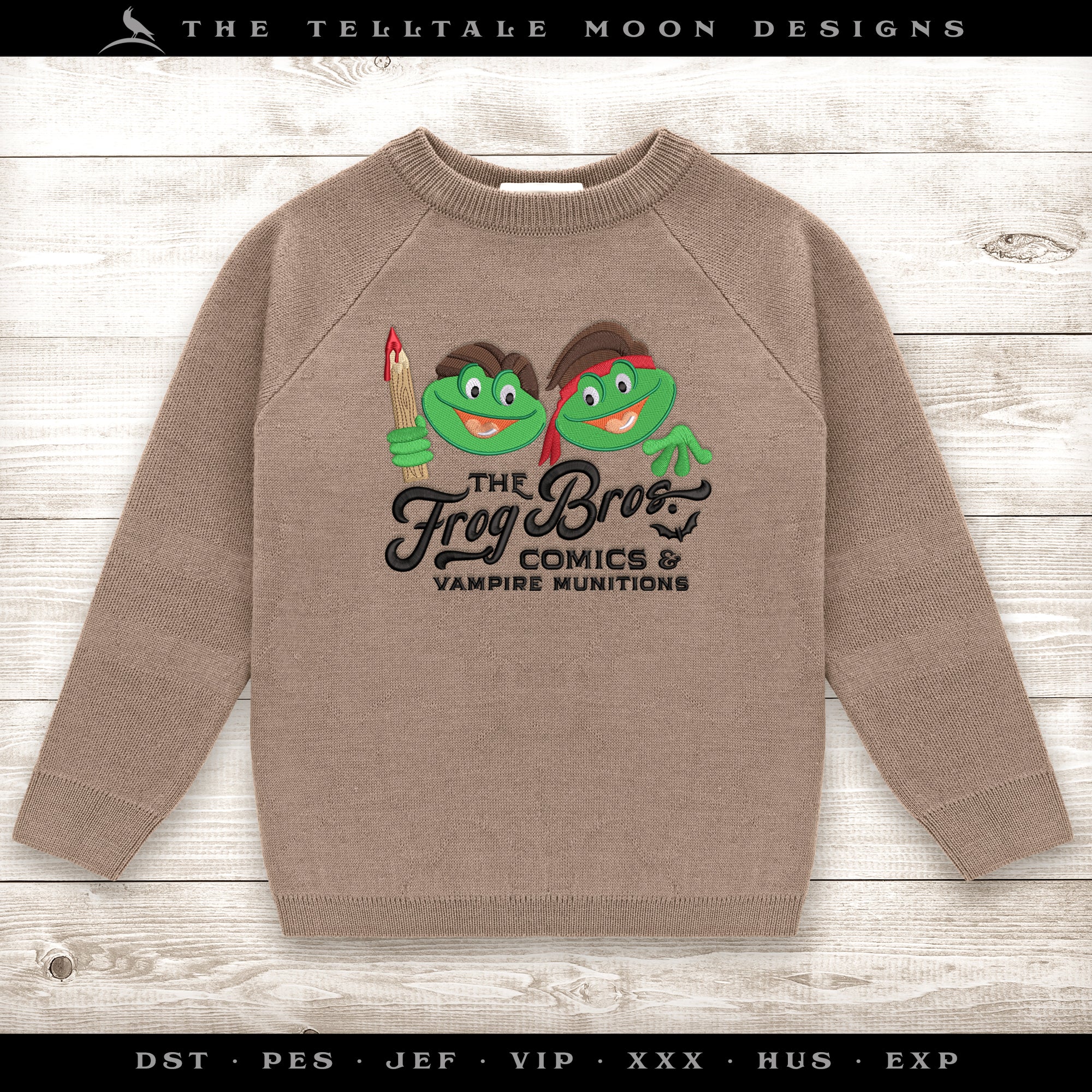 Embroidery Files: "Frog Bros. Comics" Logo - Five Sizes 5.5 to 9 Inches