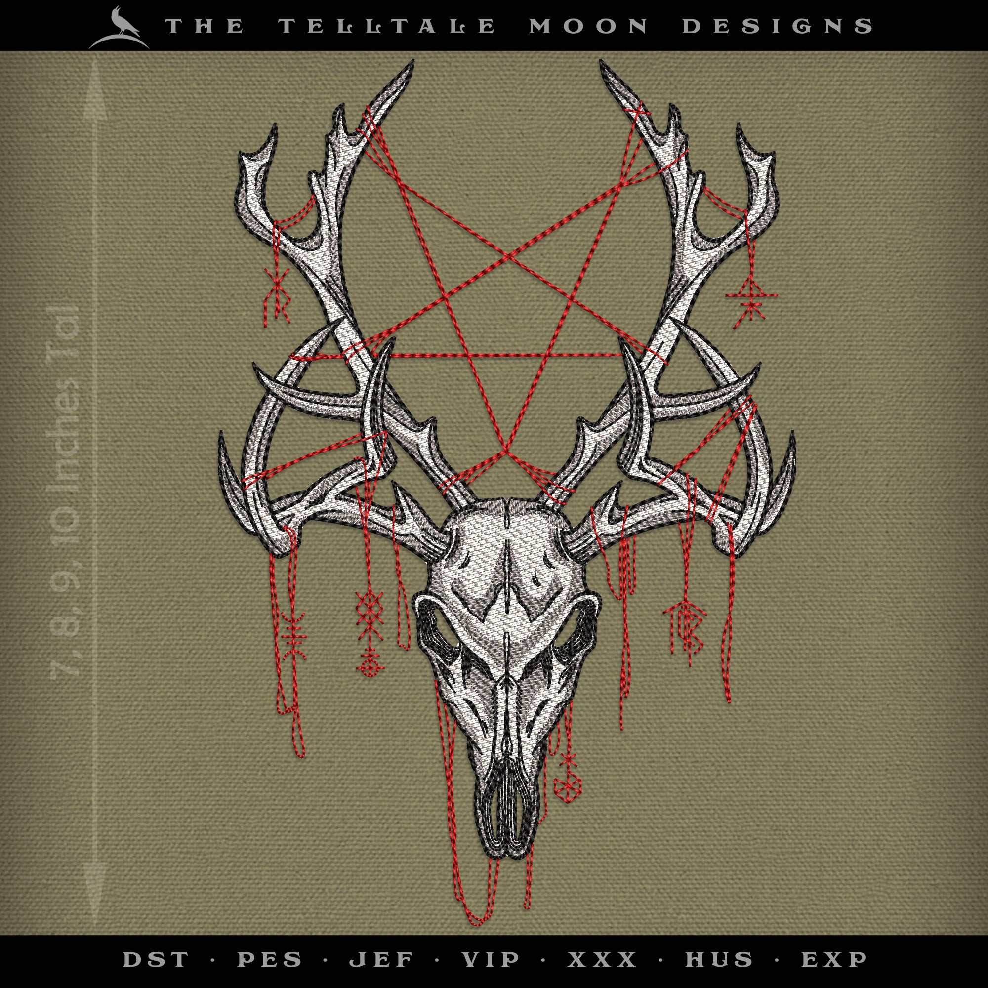 Embroidery: Sketch-style Forest Spirit Deer with Pagan Sigils (7, 8, 9, 10 Inches Tall; Four Thread Colors)