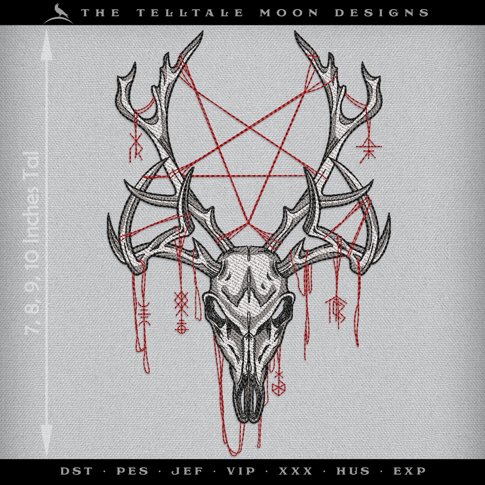 Embroidery: Sketch-style Forest Spirit Deer with Pagan Sigils (7, 8, 9, 10 Inches Tall; Four Thread Colors)