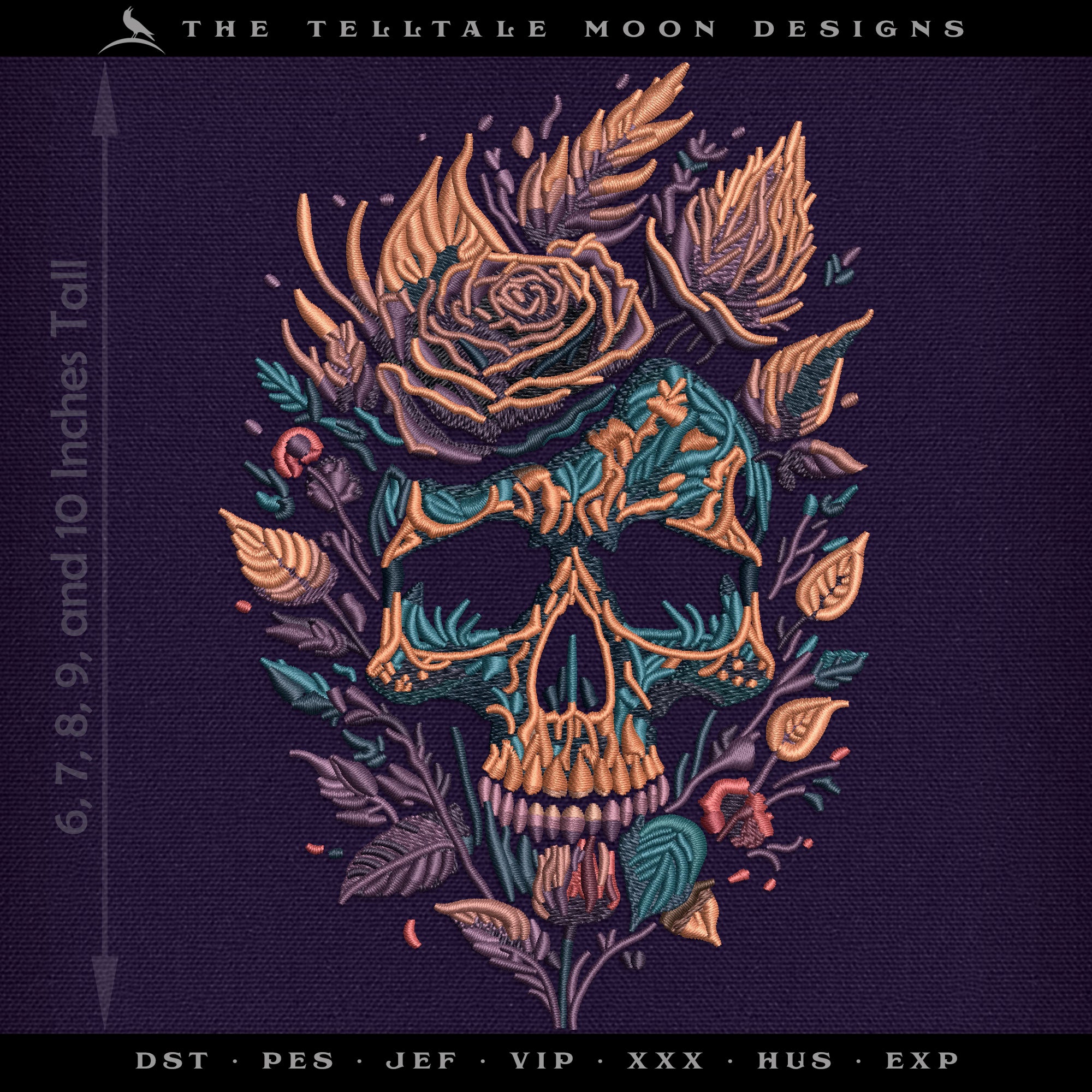 Embroidery: Elaborate Skull & Flower Painting (6, 7, 8, 9, and 10 Inches Tall; Twenty Thread Colors)