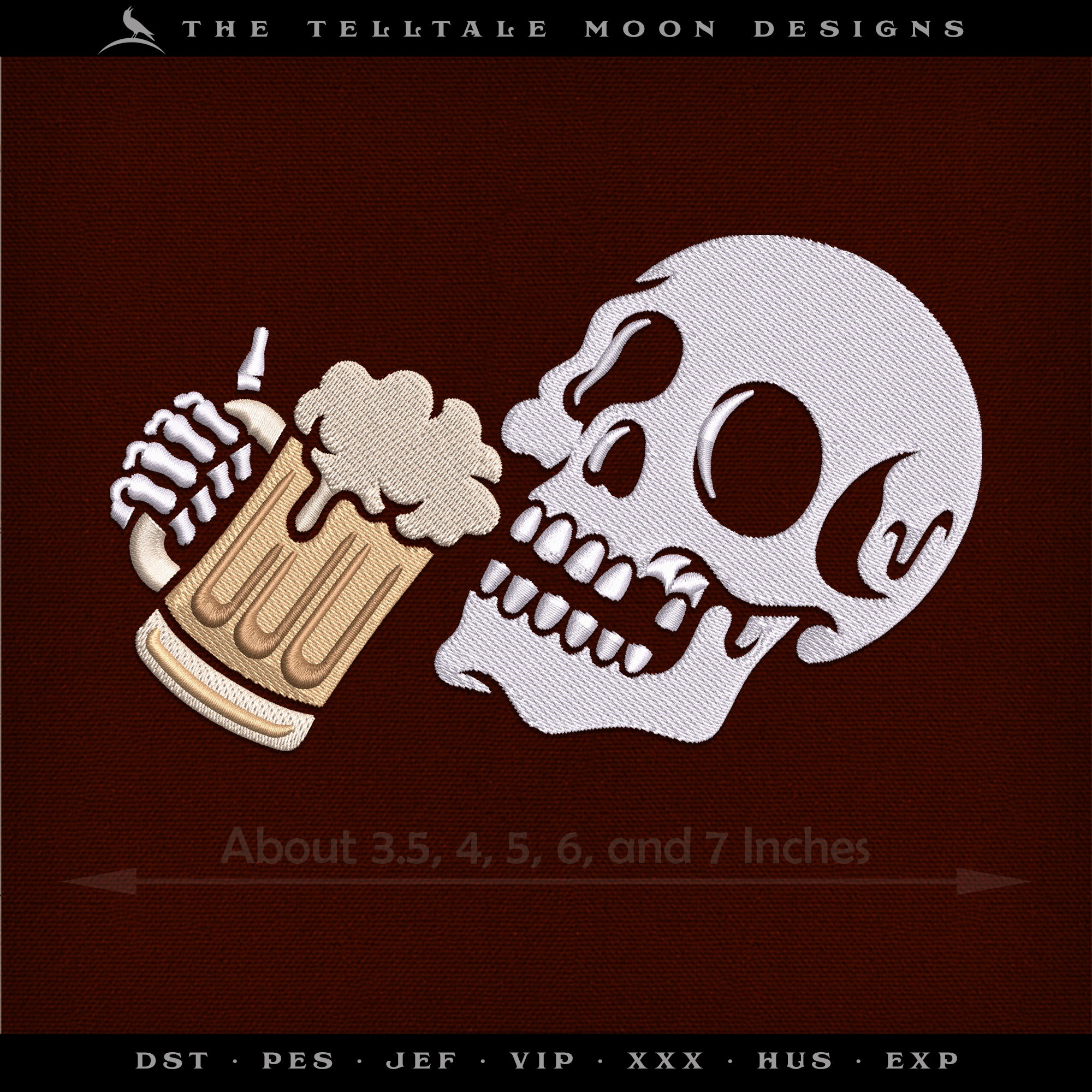 Embroidery: Skull and Brew - Five Sizes Between 3.5 and 7 Inches