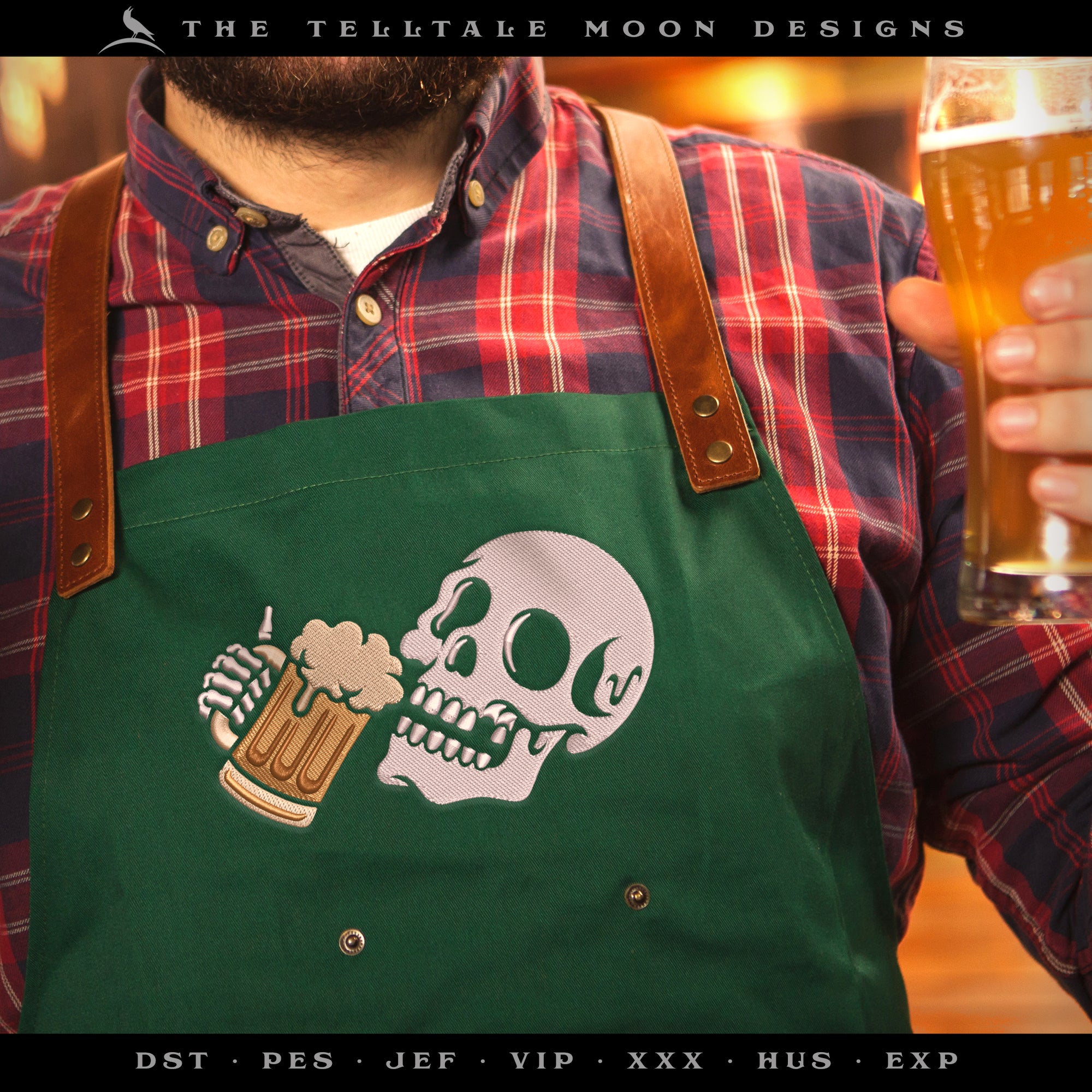 Embroidery: Skull and Brew - Five Sizes Between 3.5 and 7 Inches