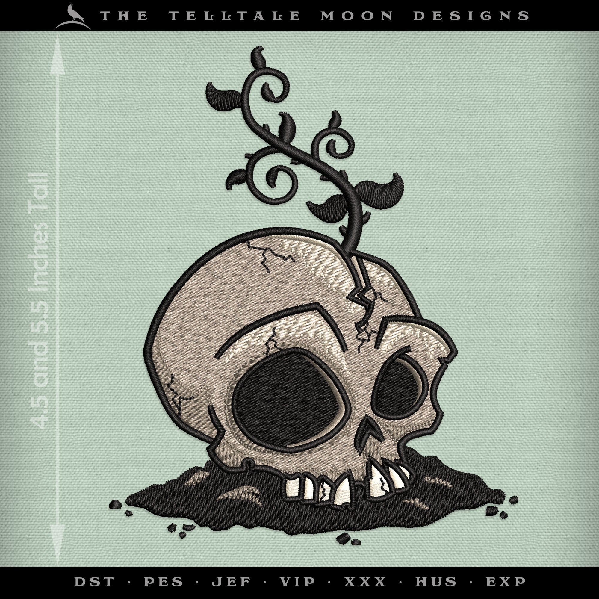 Machine Embroidery: Skull with Vine (4.5 and 5.5 Inches High, Five Thread Colors)