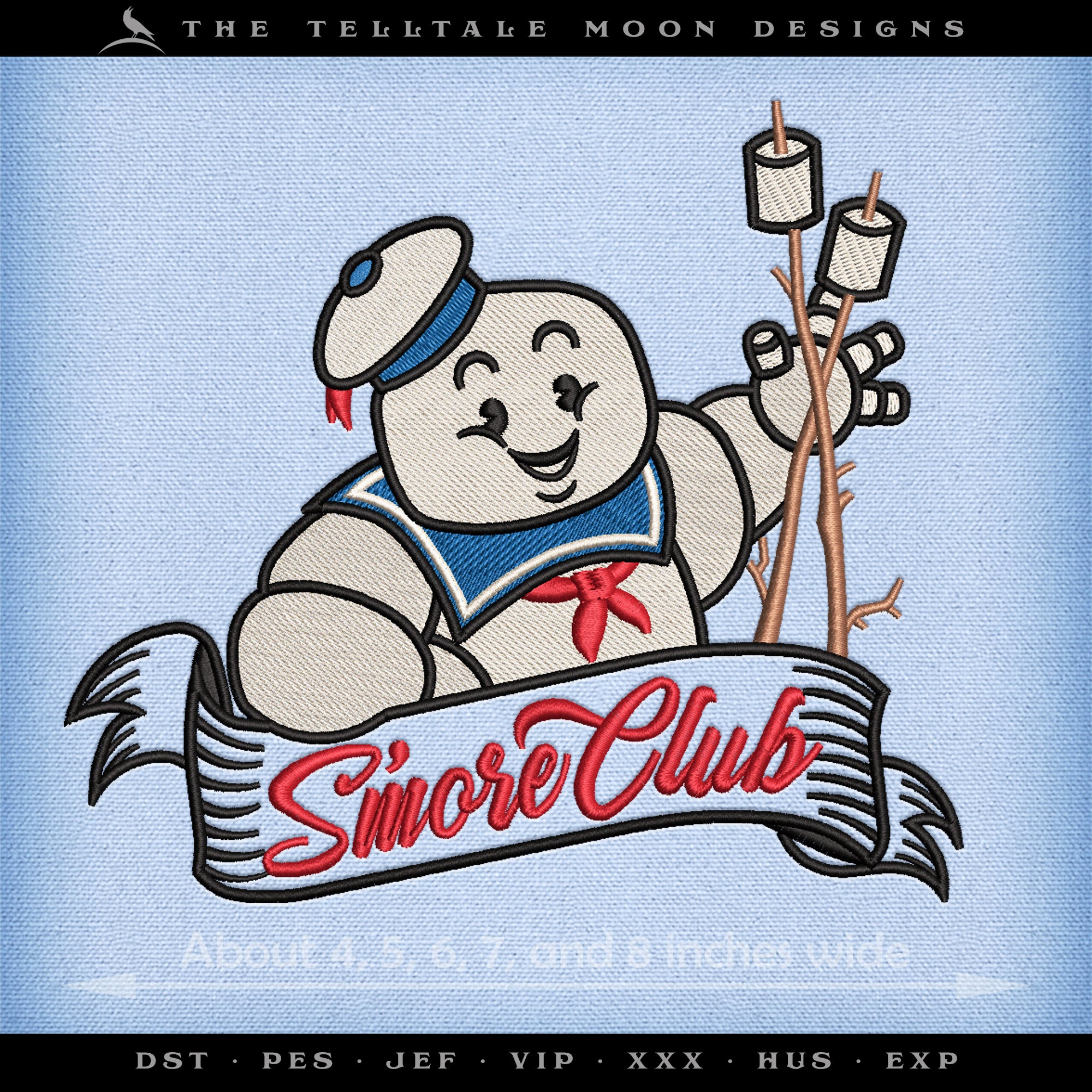 Embroidery: Ghostly Marshmallow "S'more Club" - Five Sizes 4 to 8 Inches