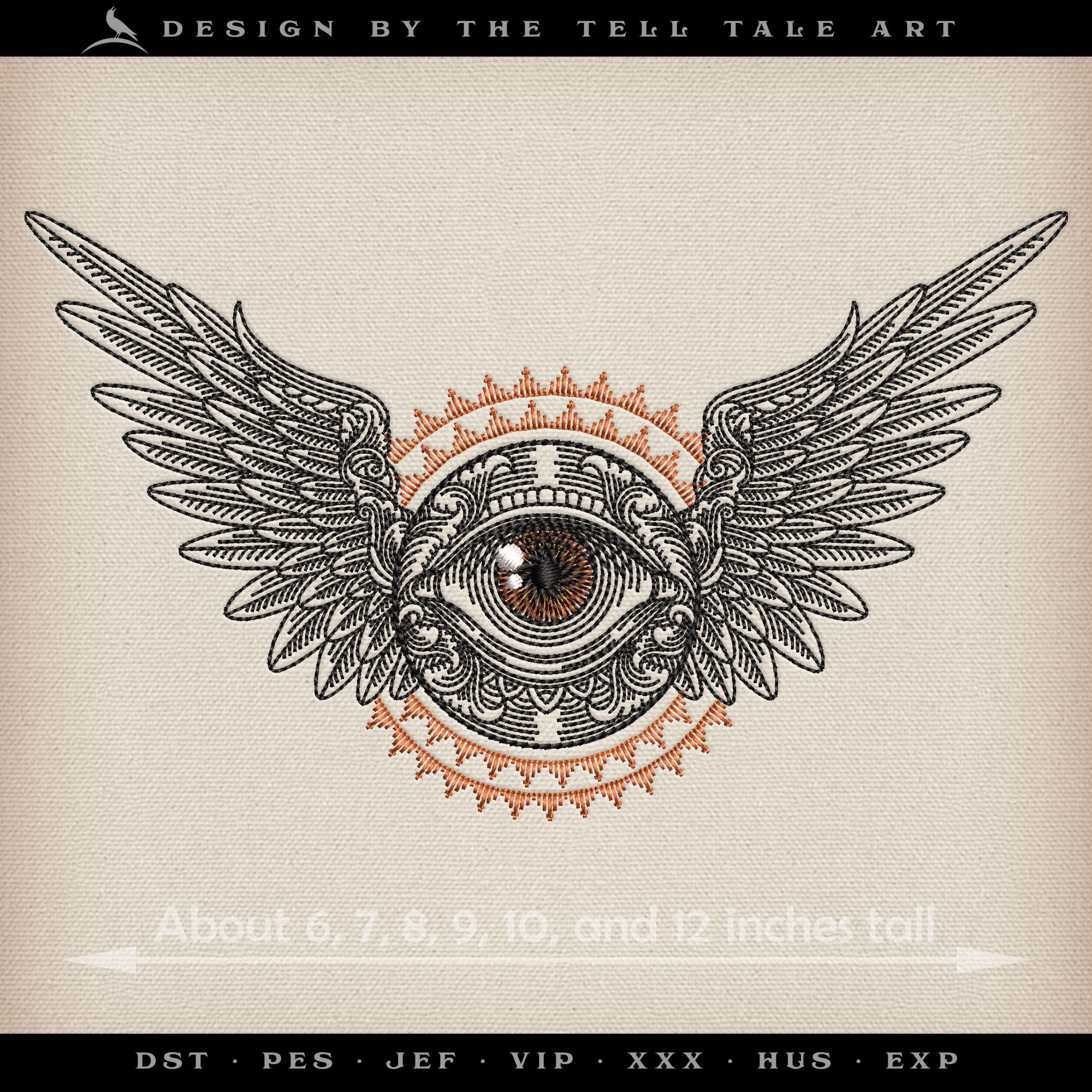 Solo Seraph – Winged Eye Engraving – Six Sizes 6 to 12 Inches – Run-Stitch