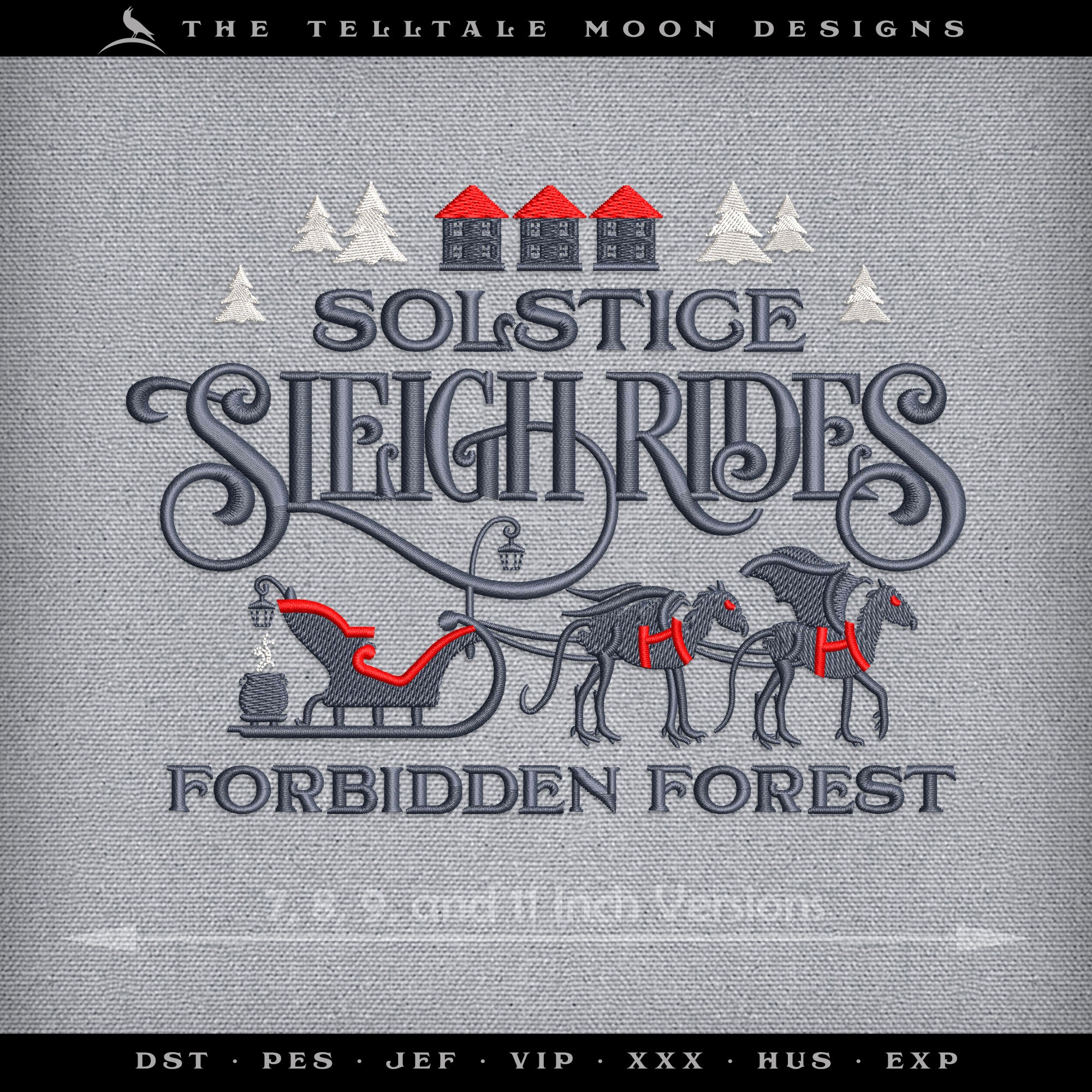 Embroidery: Wizarding "Solstice Sleigh Rides" Sign - Four Sizes Between 7 and 10 Inches