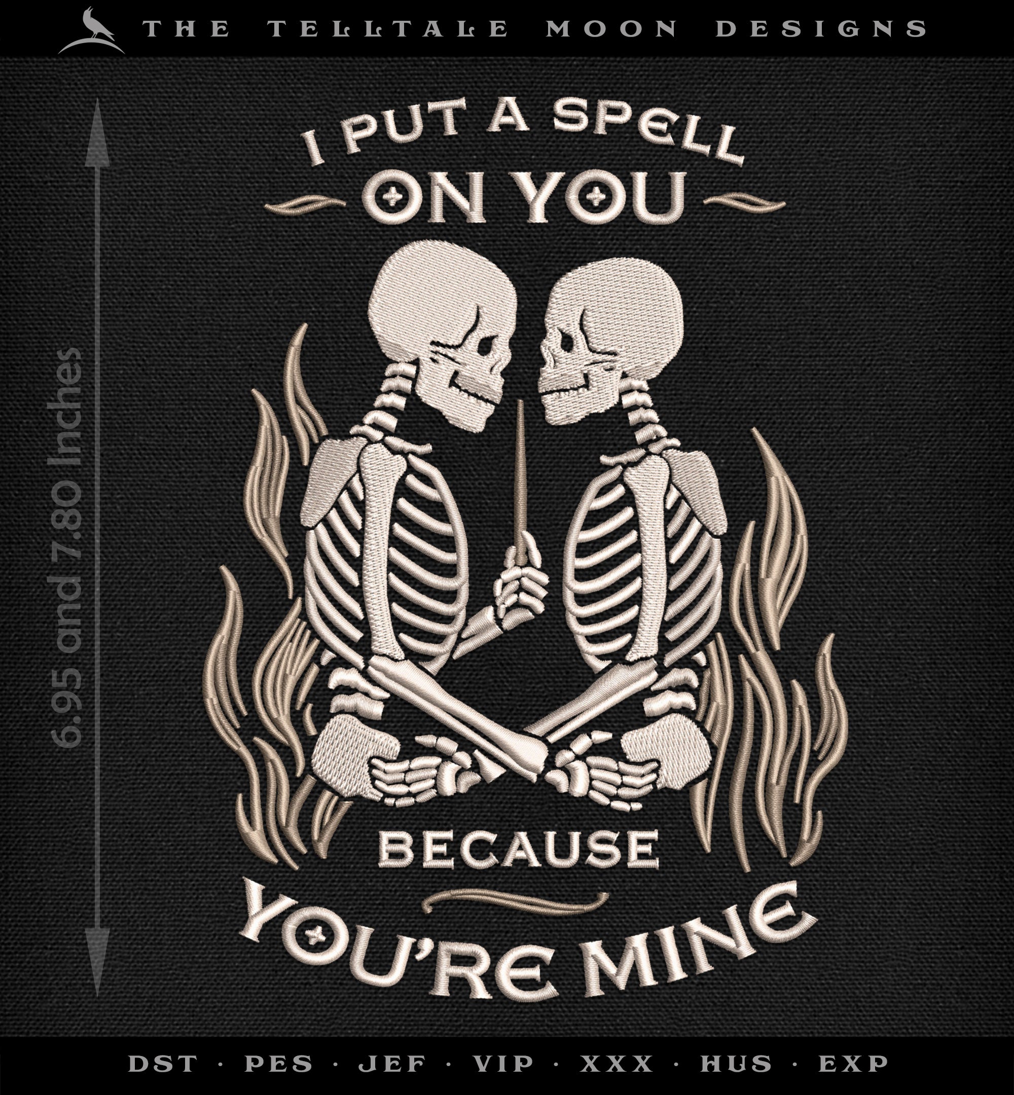 Machine Embroidery: Gothic Skeleton Couple "I Put a Spell On You" Design (6.9 and 7.8 Inches, Two Thread Colors)