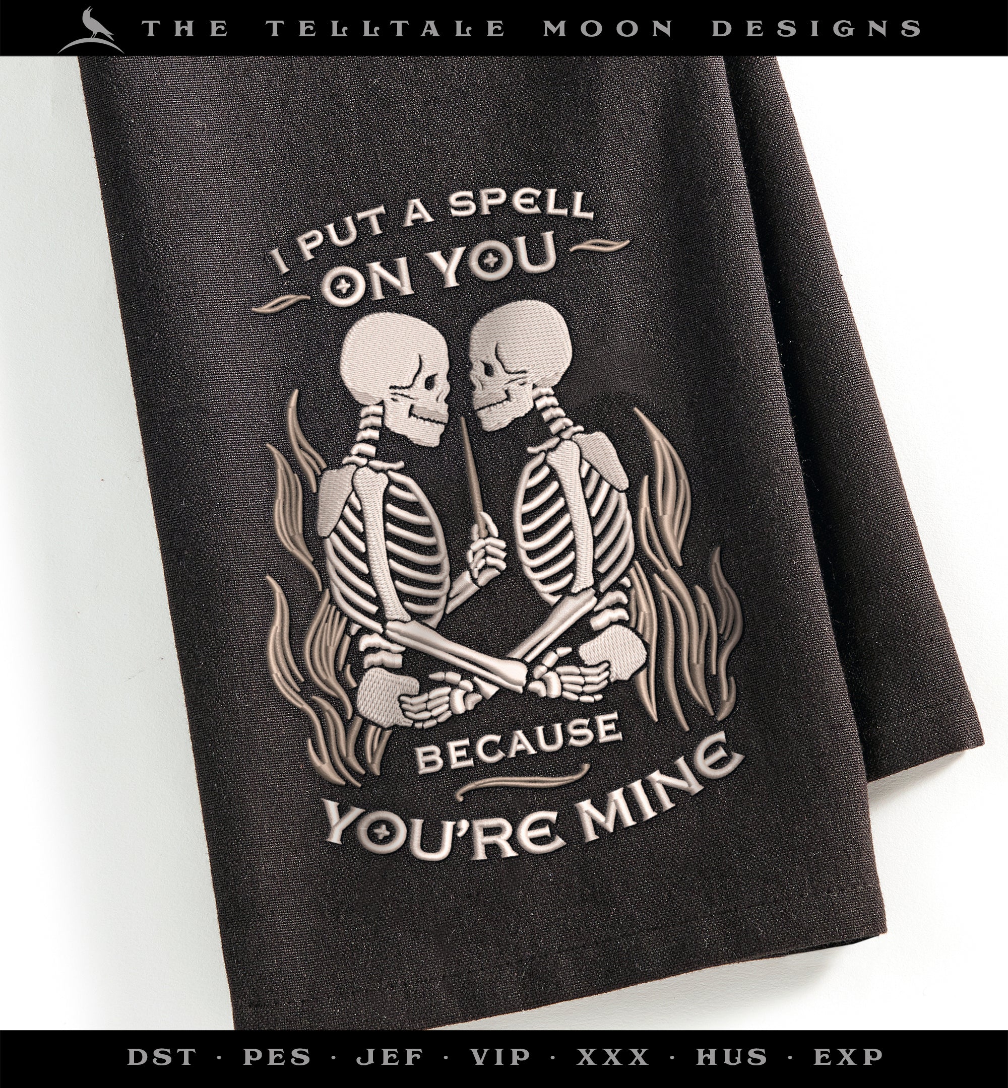 Machine Embroidery: Gothic Skeleton Couple "I Put a Spell On You" Design (6.9 and 7.8 Inches, Two Thread Colors)