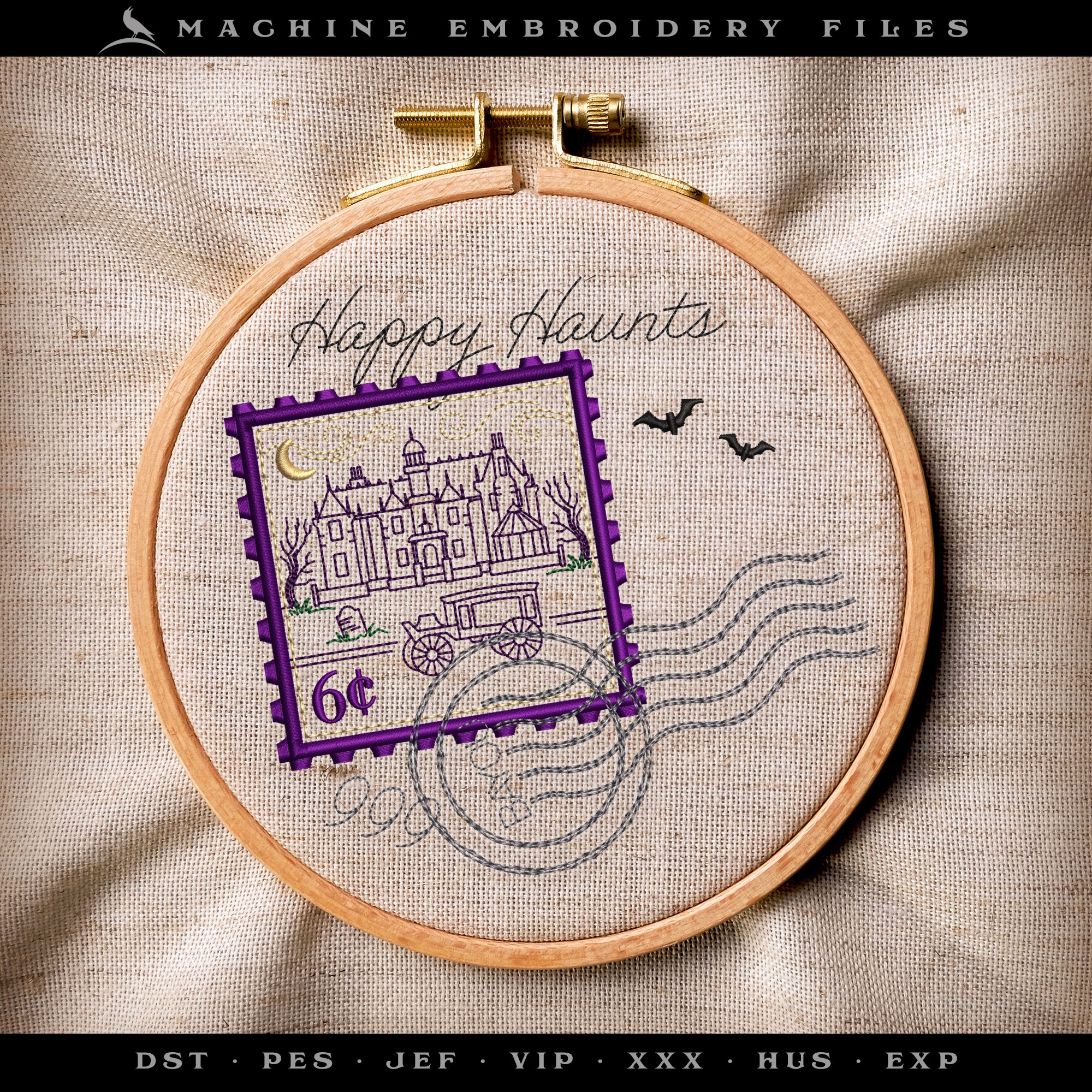 Embroidery: Sketchy "Happy Haunts" Postage Stamp Inspired by Haunted Mansion - Five Sizes 5 to 9 Inches Square