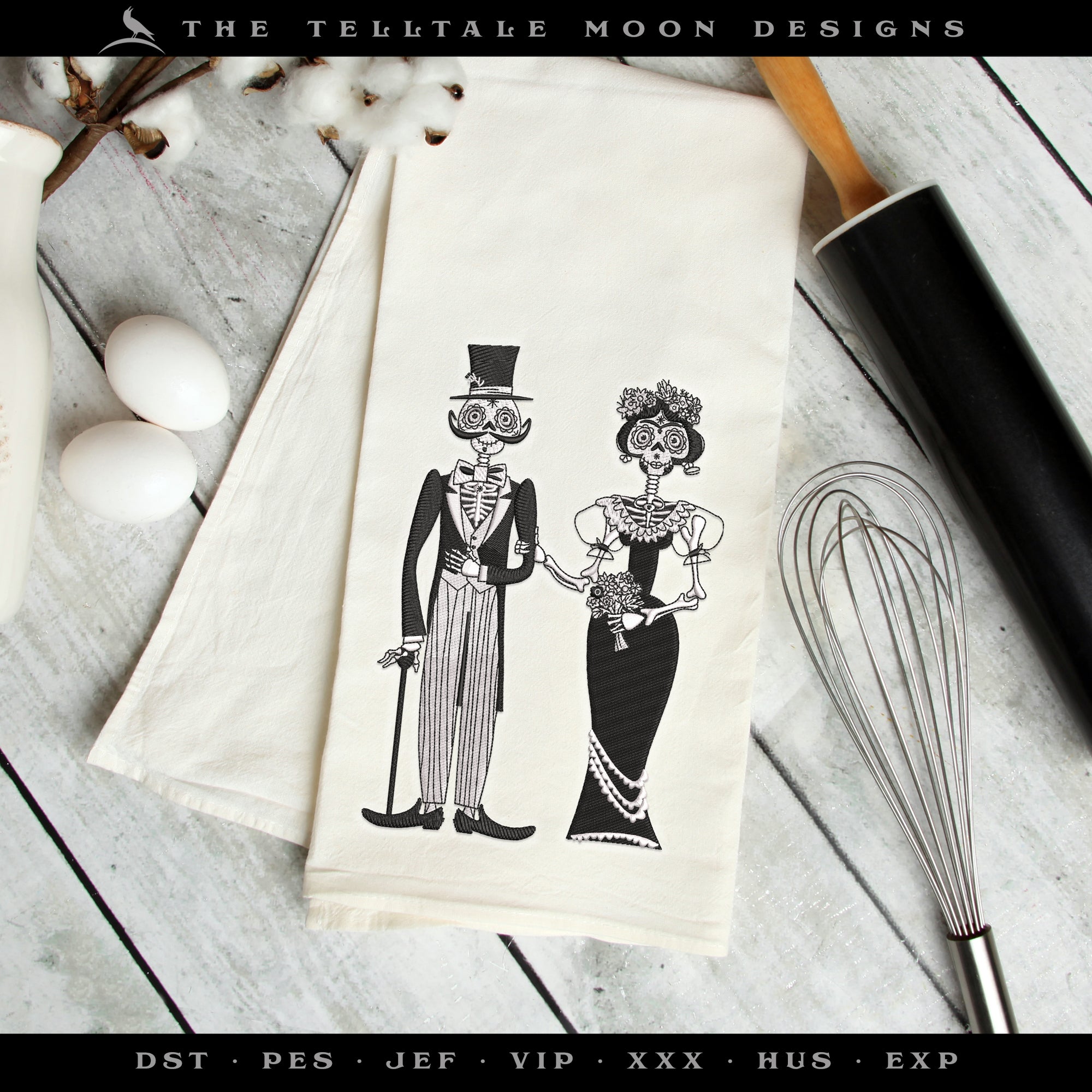 Embroidery: Gothic Sugarskull Day of the Dead Couple (7, 8, 9, 10 Inches, Two Thread Colors)