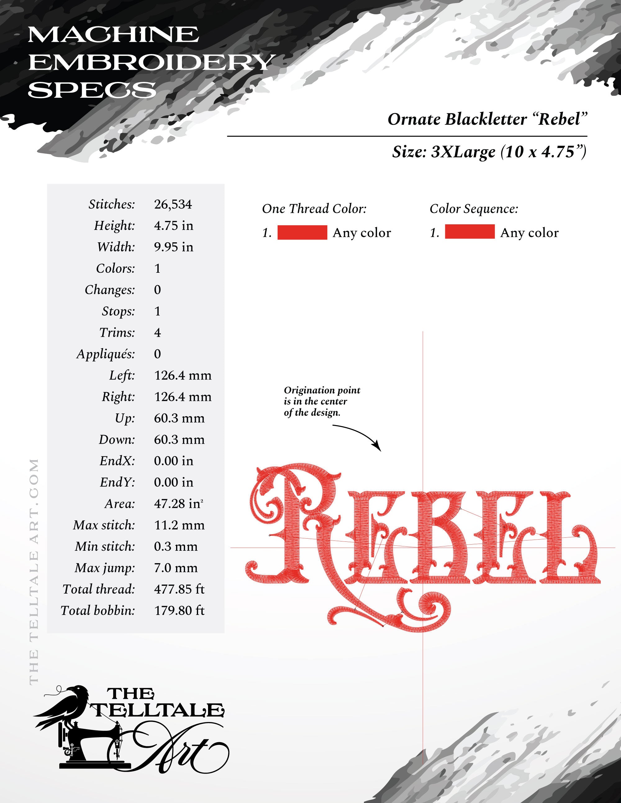 Ornate Thorny Blackletter Typography "Rebel" – Six Sizes 4 to 10 Inches – One Color