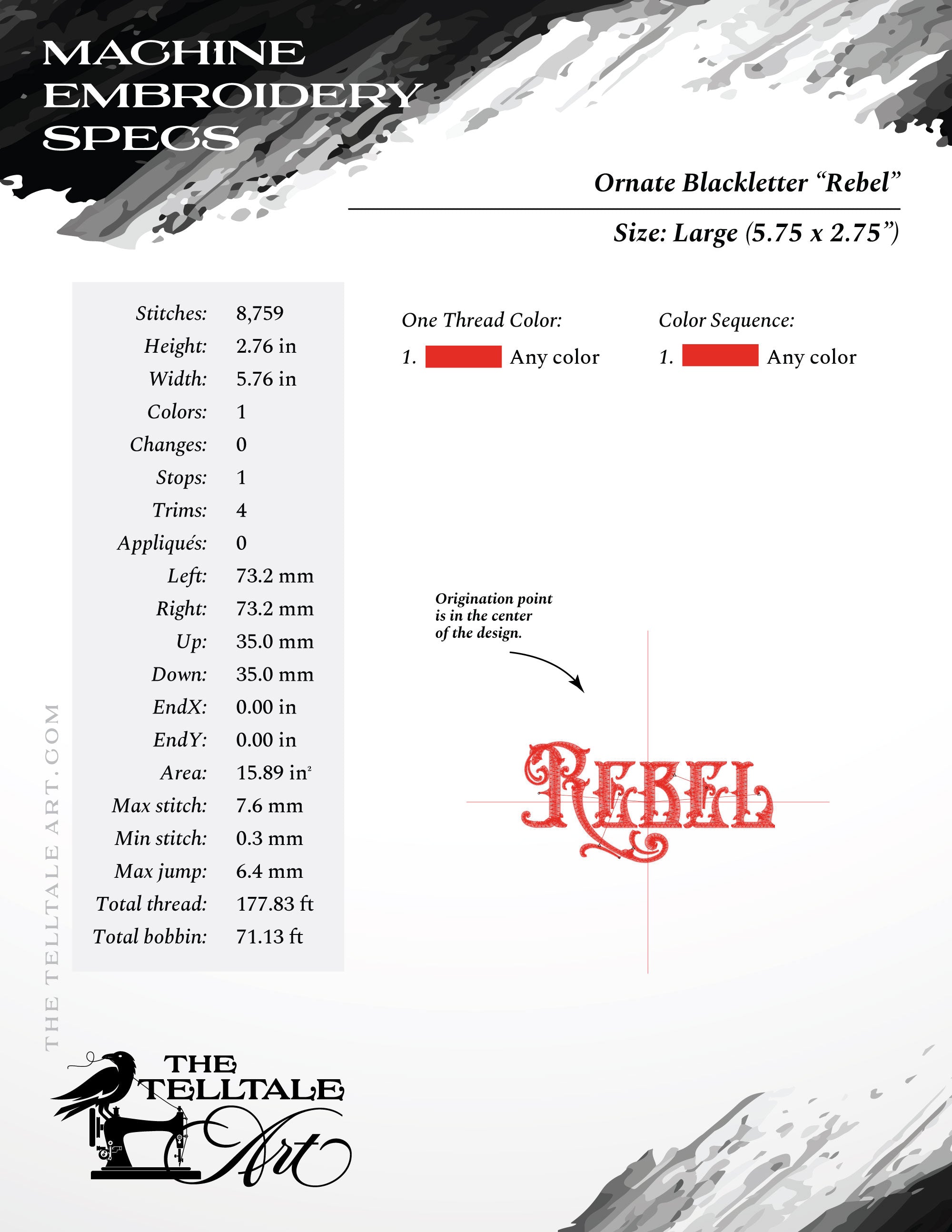 Ornate Thorny Blackletter Typography "Rebel" – Six Sizes 4 to 10 Inches – One Color