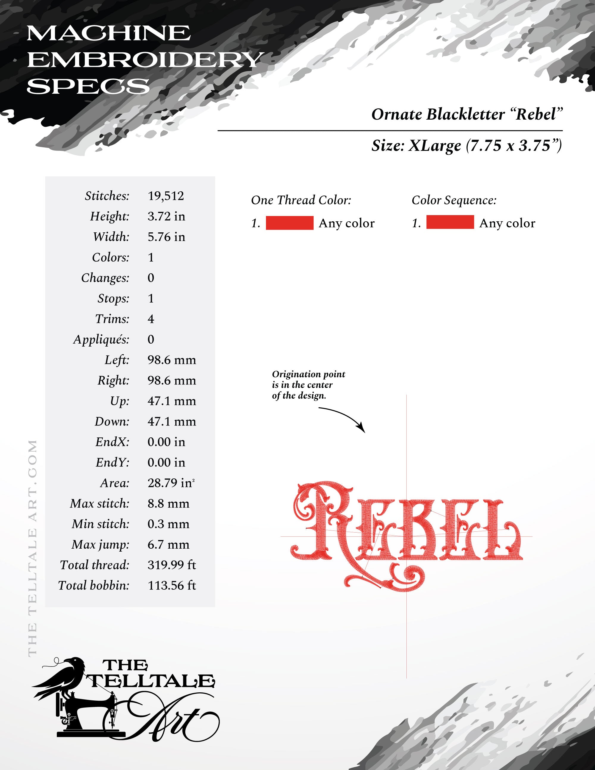 Ornate Thorny Blackletter Typography "Rebel" – Six Sizes 4 to 10 Inches – One Color