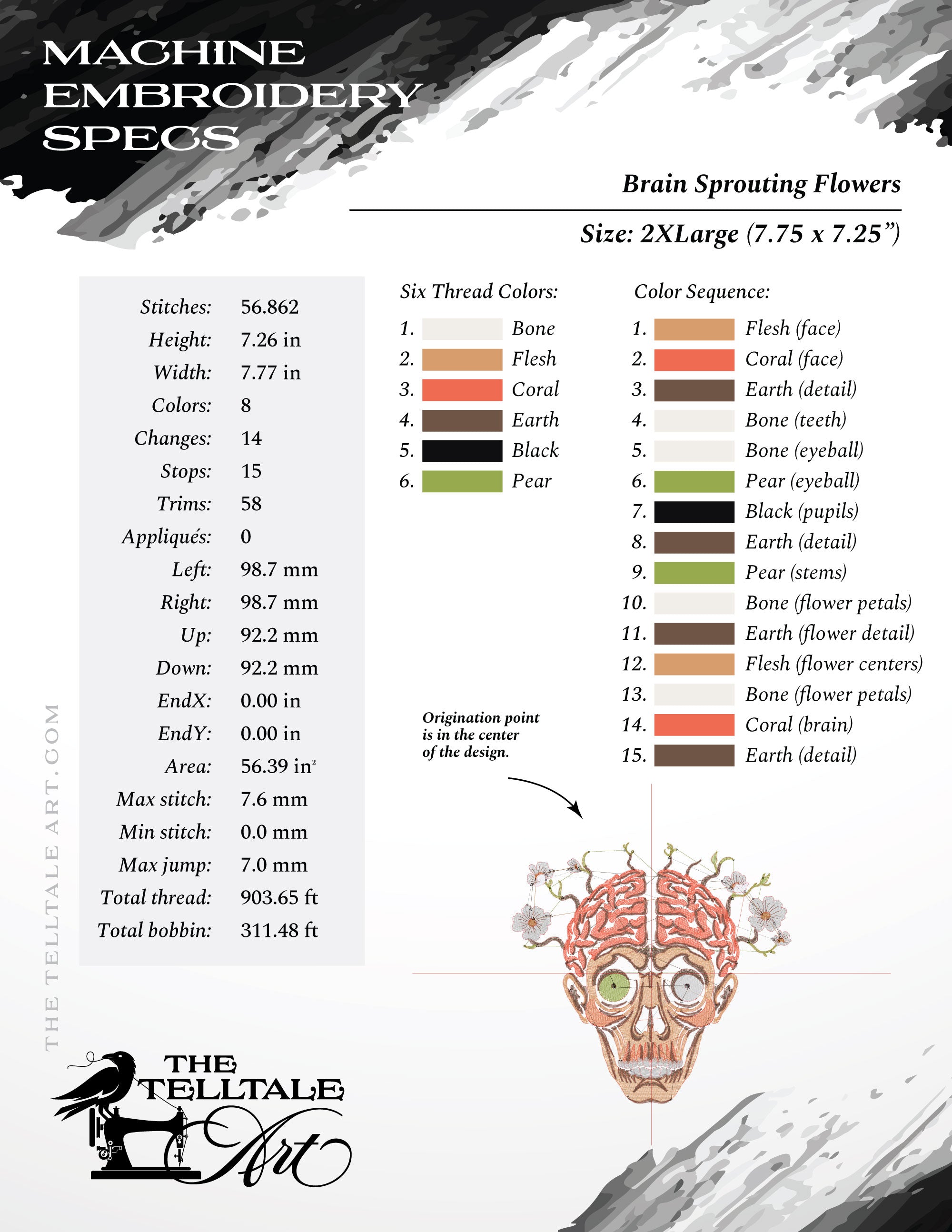 Floral Brain Embroidery Design – Six Sizes 5 to 10 Inches Tall – Bold Oddity Art